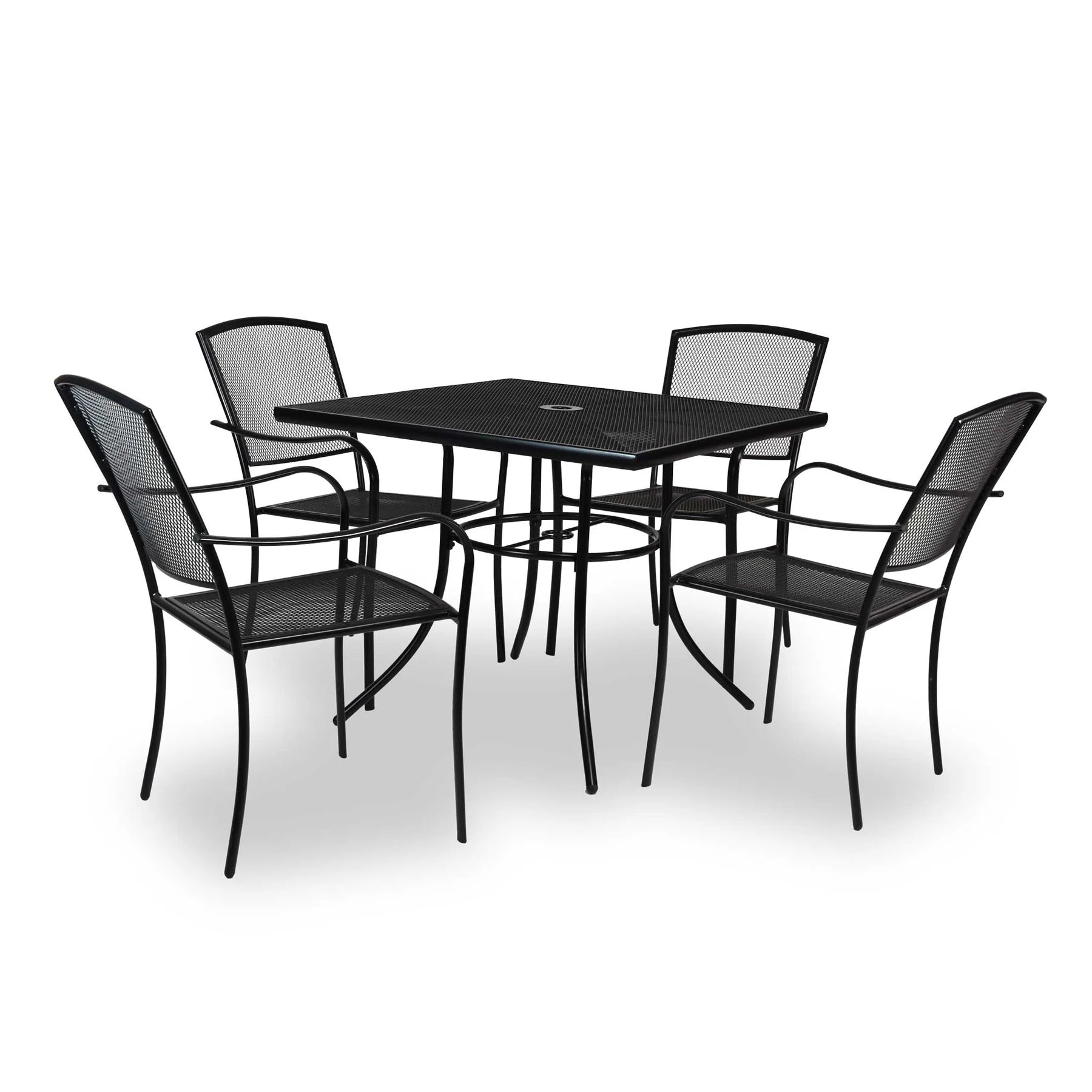 Highland black 36 inch square steel mesh patio table with four matching stacking chairs, model HL36SM, powder coated steel patio furniture