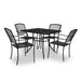 Highland black 36 inch square steel mesh patio table with four matching stacking chairs, model HL36SM, powder coated steel patio furniture
