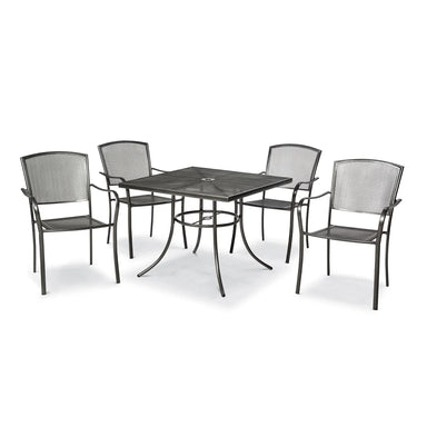 Four Highland black stacking chairs at a square steel mesh patio table, model HLCHR, stackable patio chairs