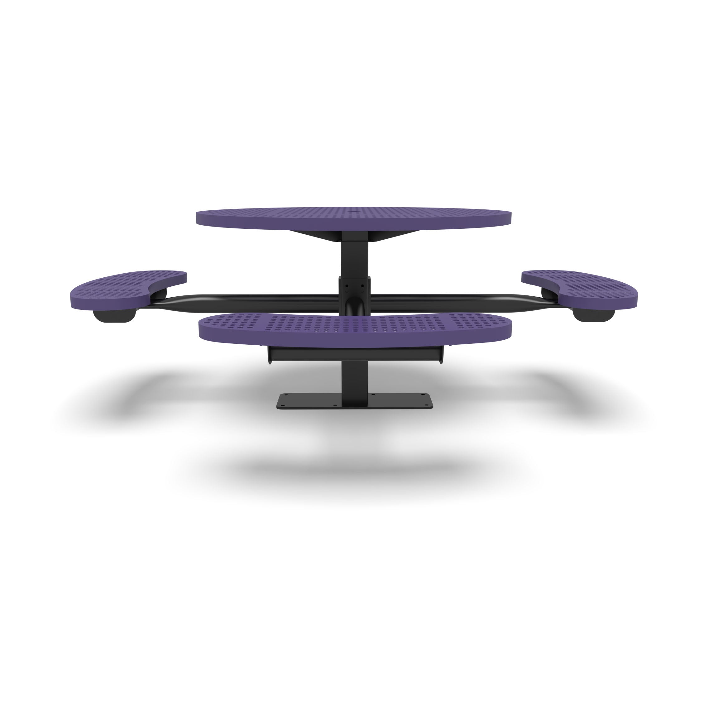 Black & Purple Wabash Valley Signature Round Pedestal Picnic Table, Perforated, Standard - ADA Accessible - Surface Mount, in plastisol-coated steel, model SG249P, commercial patio furniture