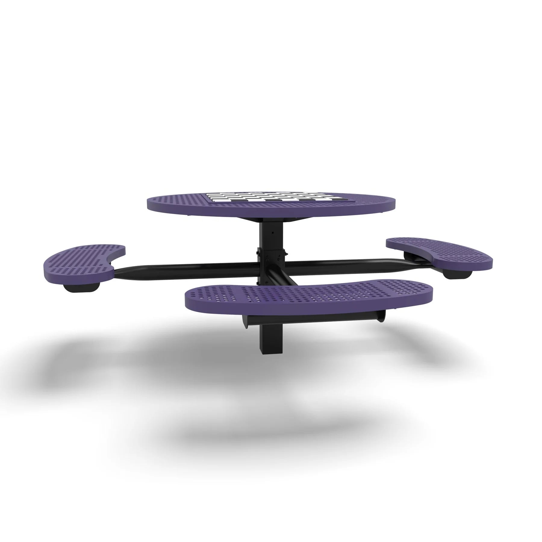 Black & Purple Wabash Valley Signature Round Pedestal Picnic Table, Perforated, Chessboard - ADA Accessible - Inground, in plastisol-coated steel, model SP215P, outdoor chess board