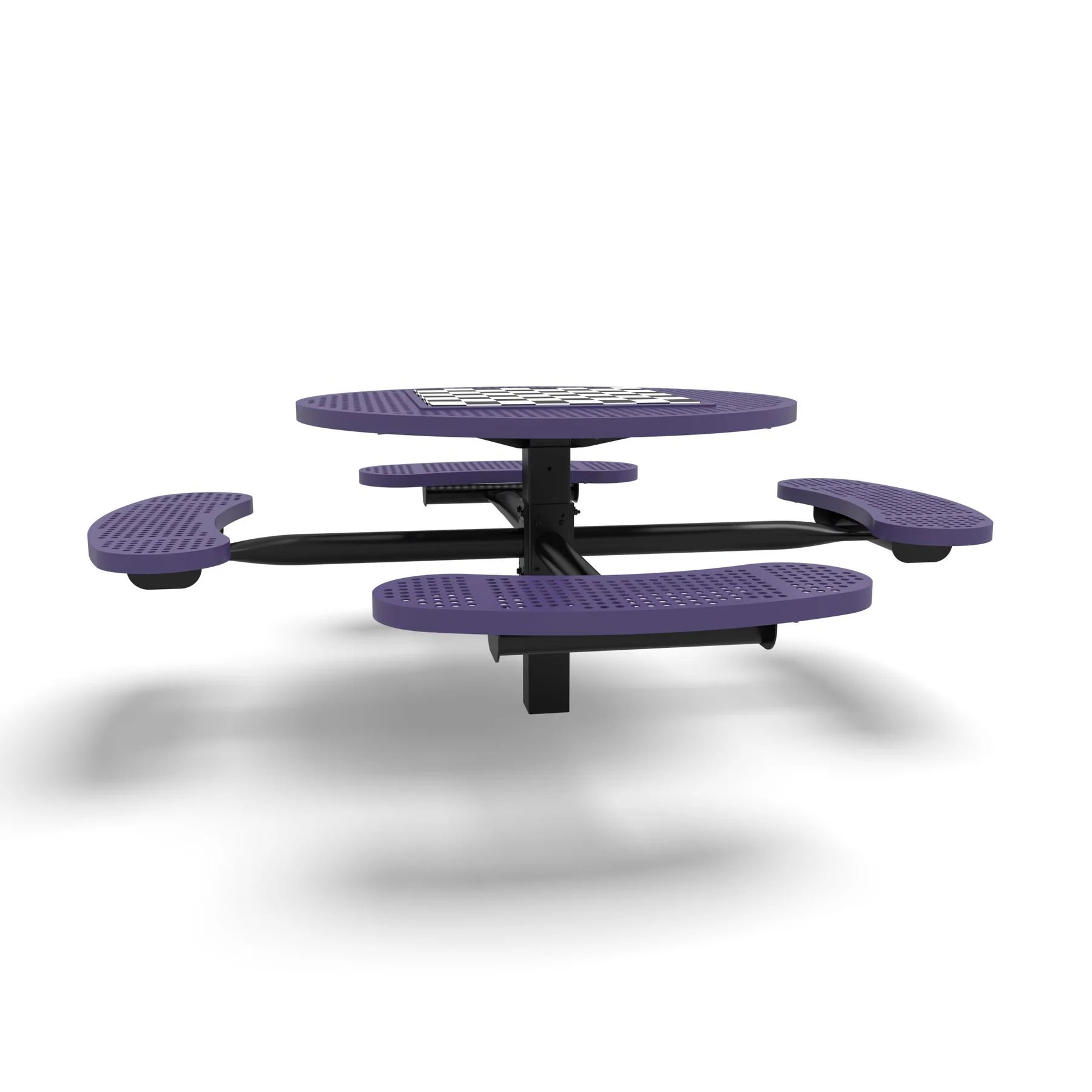 Black & Purple Wabash Valley Signature Round Pedestal Picnic Table, Perforated, Chessboard - 4 Seats - Inground, in plastisol-coated steel, model SP210P, outdoor chess board