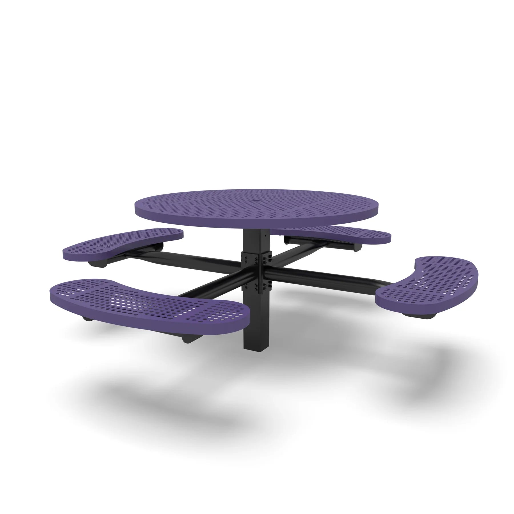 Black & Purple Wabash Valley Signature Round Pedestal Picnic Table, Perforated, Standard - 4 Seats - Inground, in plastisol-coated steel, model SG245P, round outdoor dining table for 4
