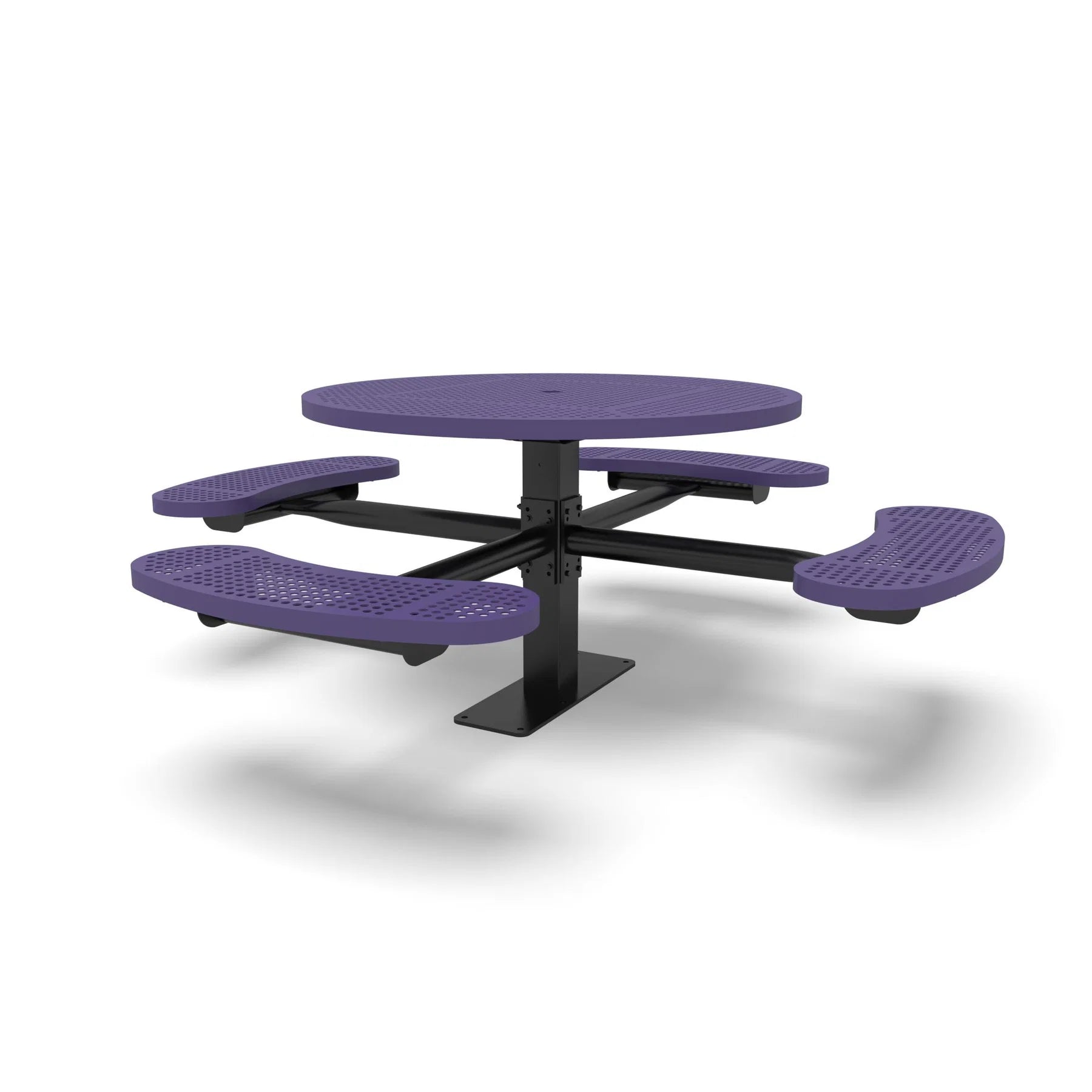 Black & Purple Wabash Valley Signature Round Pedestal Picnic Table, Perforated, Standard - 4 Seats - Surface Mount, in plastisol-coated steel, model SG244P, commercial patio furniture