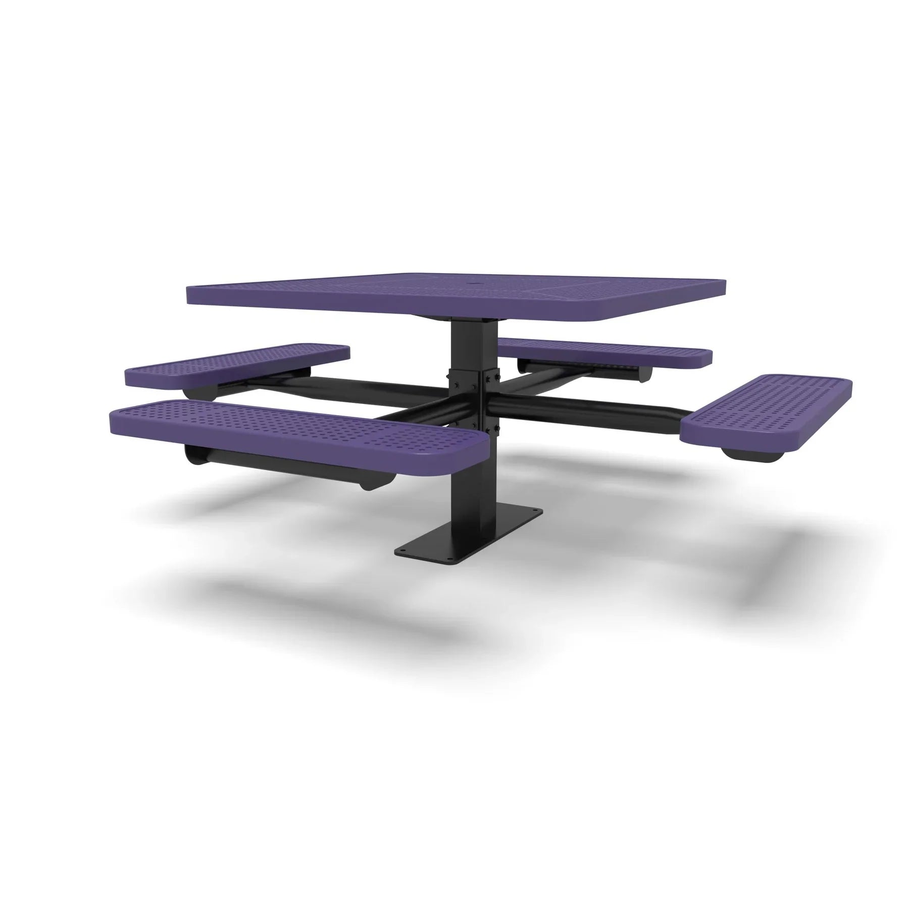 Black & Purple Wabash Valley Signature Square Pedestal Picnic Table, Perforated, Standard - 4 Seats - Surface Mount - 46 Inch, in plastisol-coated steel, model SG229P, square outdoor dining table
