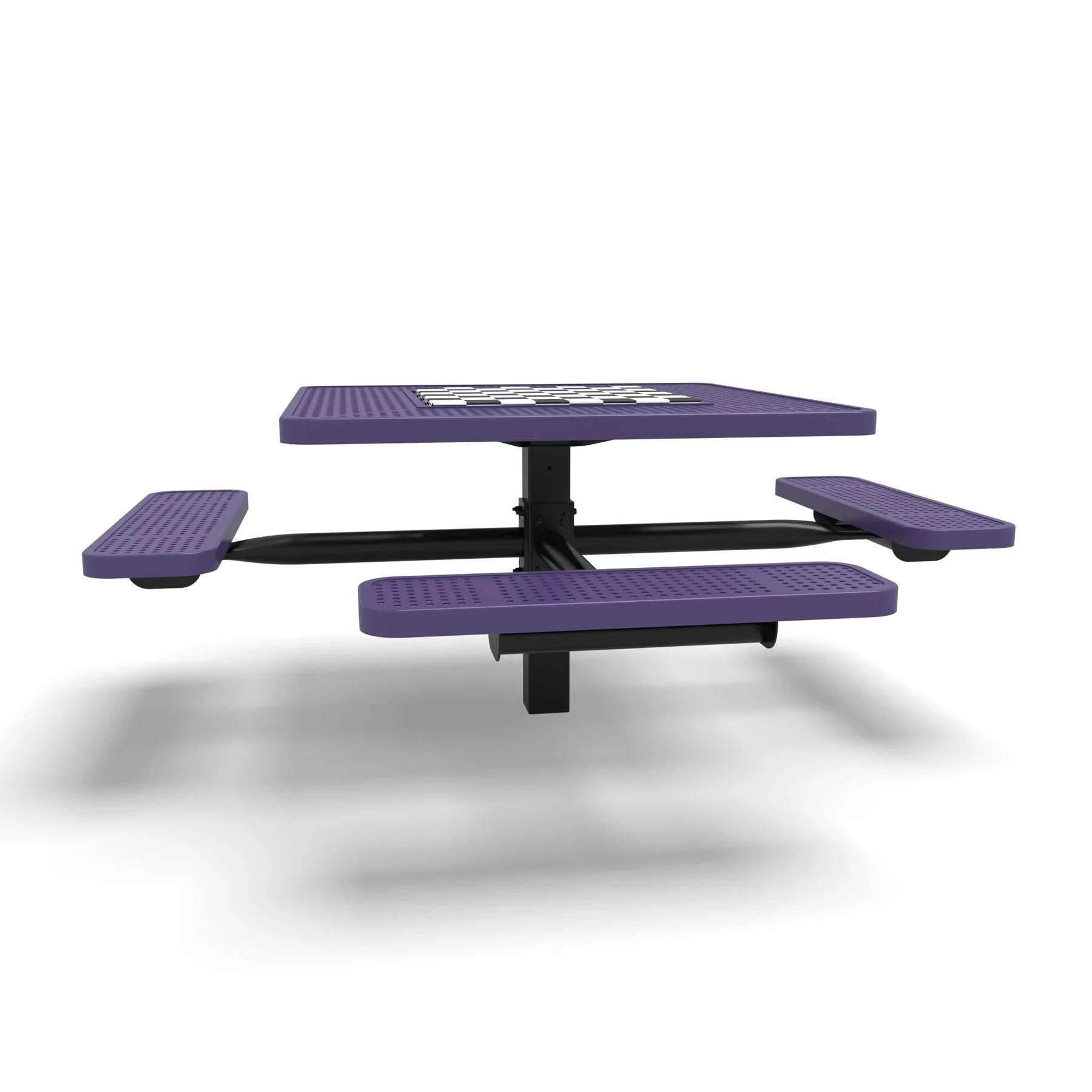 Black & Purple Wabash Valley Signature Square Pedestal Picnic Table, Perforated, Chessboard - ADA Accessible - Inground - 46 Inch, in plastisol-coated steel, model SP230P, chess and checkers table