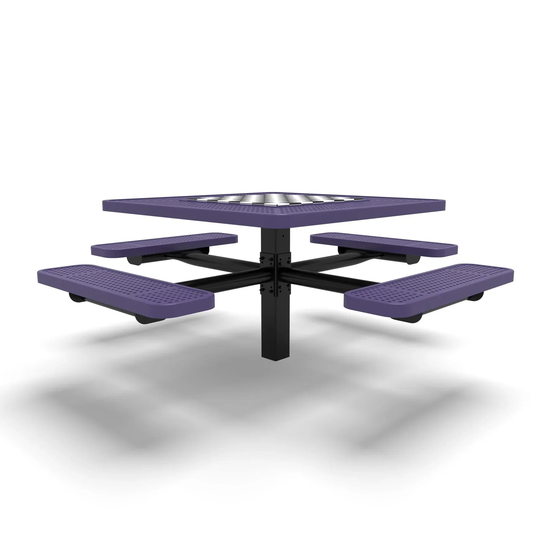Black & Purple Wabash Valley Signature Square Pedestal Picnic Table, Perforated, Chessboard - 4 Seats - Inground - 46 Inch, in plastisol-coated steel, model SP225P, chess and checkers table