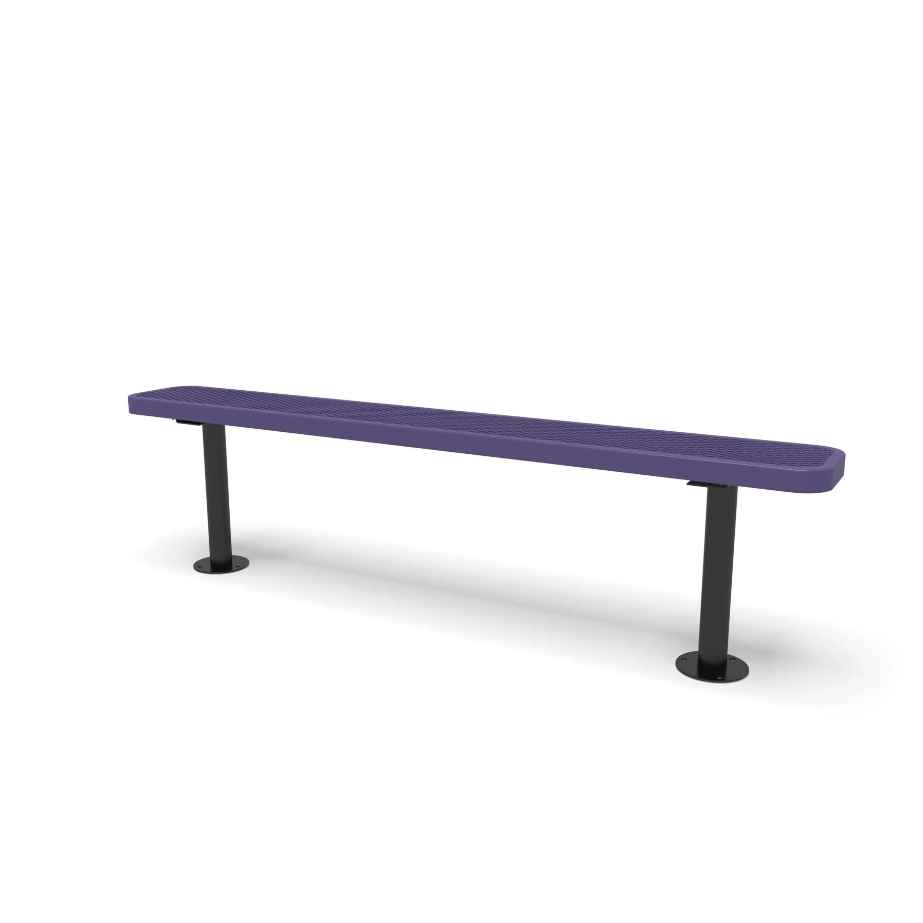 Black & Purple Wabash Valley Signature Steel Backless Bench, Diamond, 6' Surface Mount base plates, purple seat on a black frame, plastisol-coated steel, outdoor seating bench