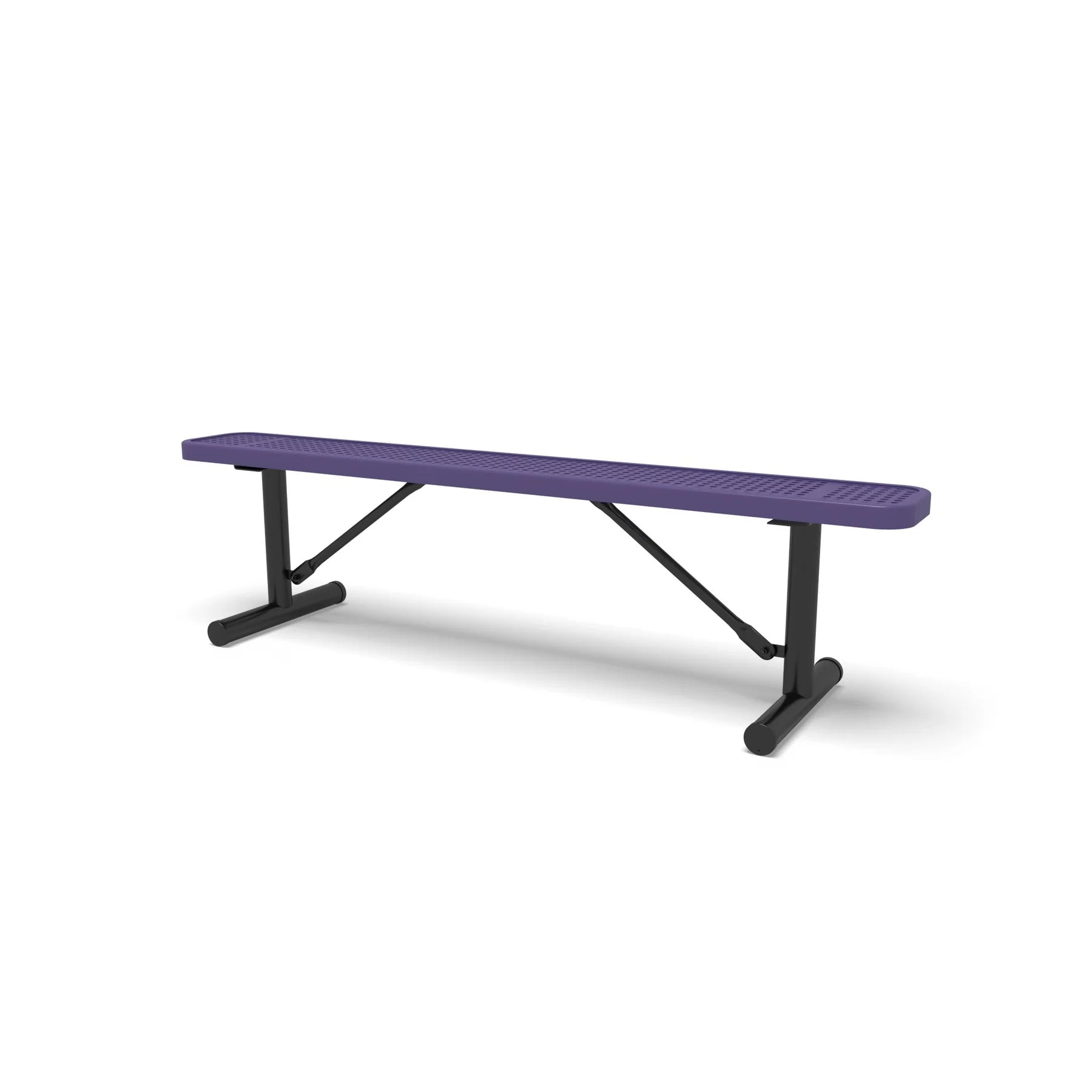 Black & Purple Wabash Valley Signature Steel Backless Bench, Perforated, 6' Portable with braced legs, purple seat on a black frame, plastisol-coated steel, outdoor bench without back