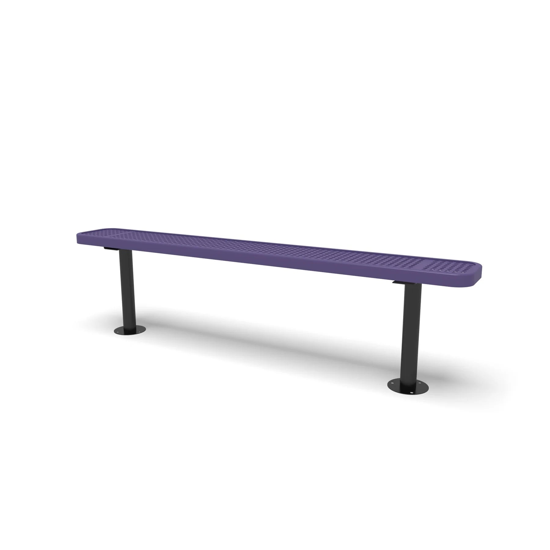 Black & Purple Wabash Valley Signature Steel Backless Bench, Perforated, 6' Surface Mount base plates, purple seat on a black frame, plastisol-coated steel, walkway bench