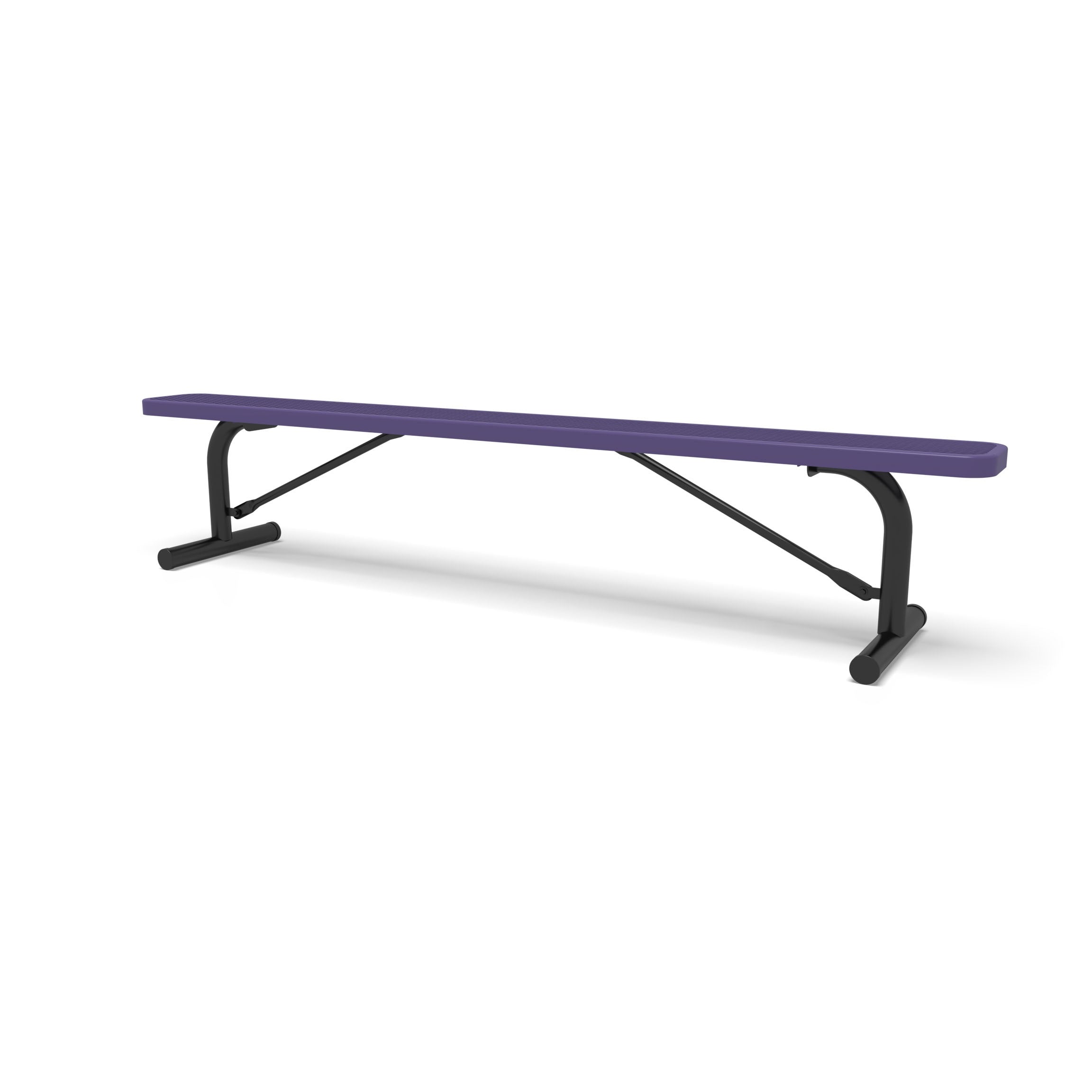 Black & Purple Wabash Valley Signature Steel Backless Bench, Diamond, 8' Portable with braced legs, purple seat on a black frame, plastisol-coated steel, long outdoor bench