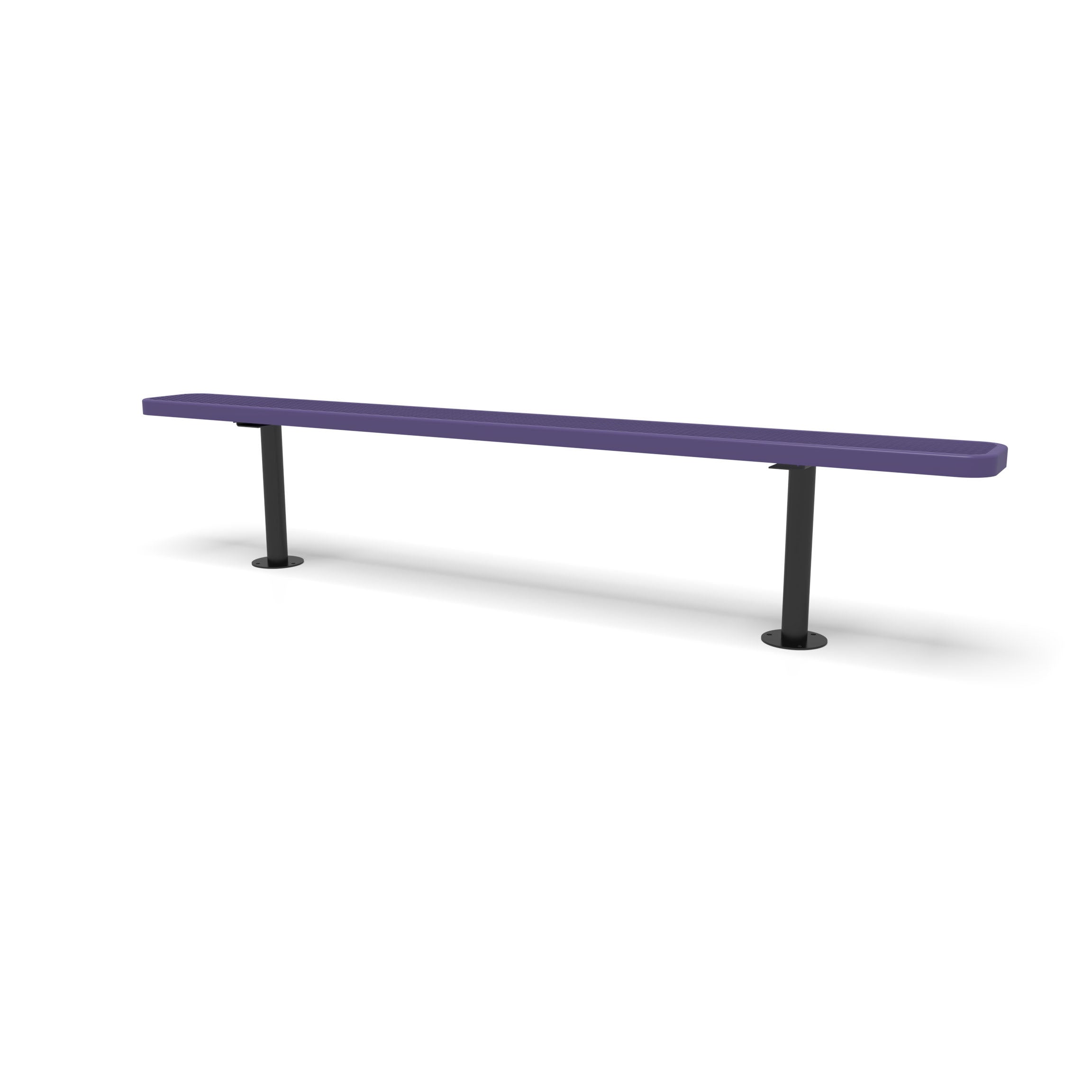 Black & Purple Wabash Valley Signature Steel Backless Bench, Diamond, 8' Surface Mount base plates, purple seat on a black frame, plastisol-coated steel, long outdoor bench