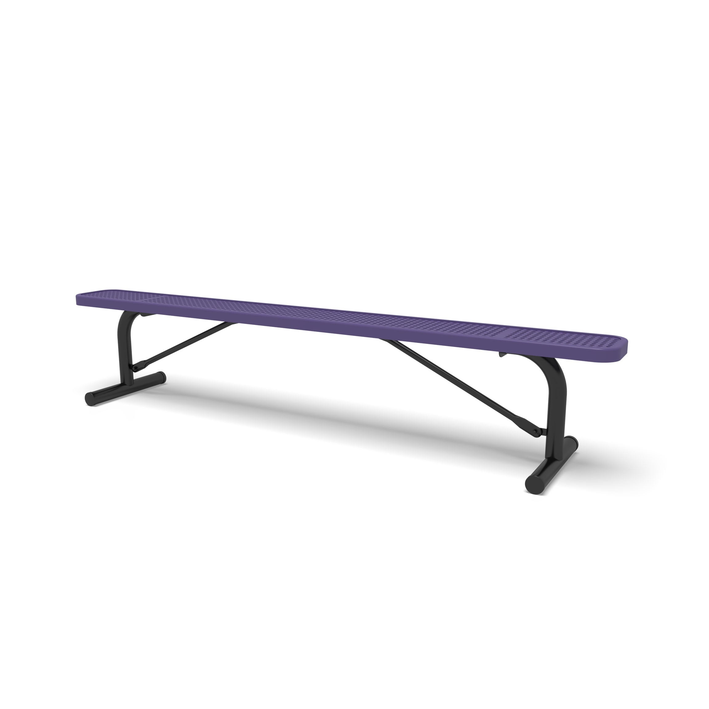 Black & Purple Wabash Valley Signature Steel Backless Bench, Perforated, 8' Portable with braced legs, purple seat on a black frame, plastisol-coated steel, team bench