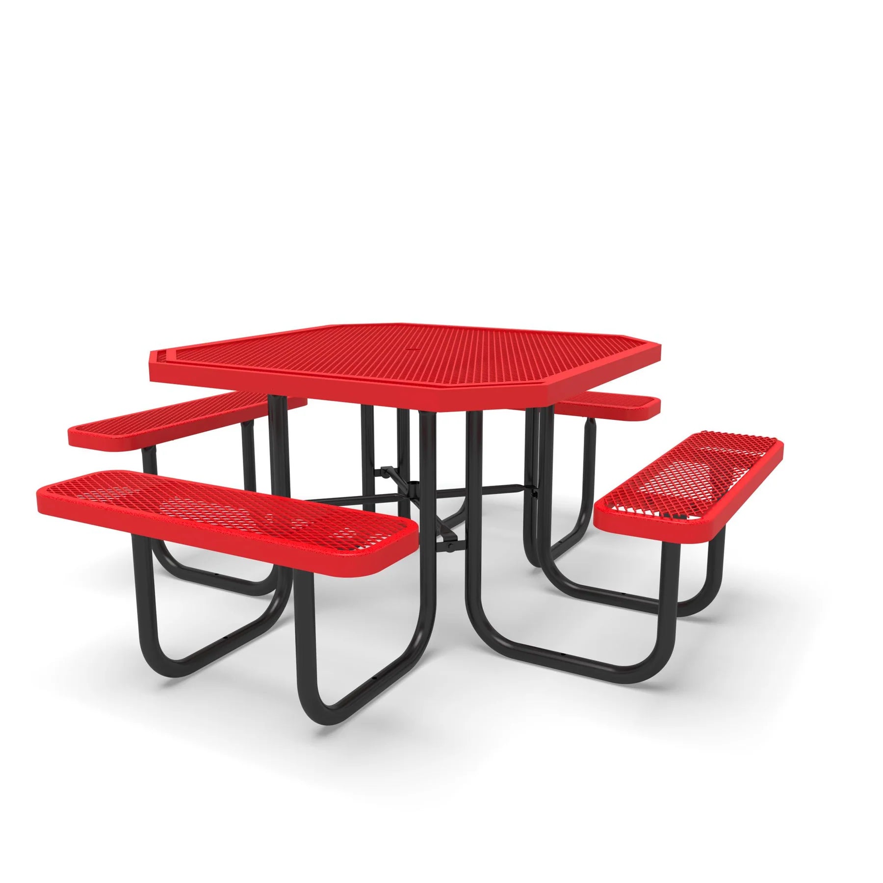 Black & Red Wabash Valley Signature Octagon Diamond Metal Portable Picnic Table, red top and seats on a black frame, plastisol-coated steel, steel patio table
