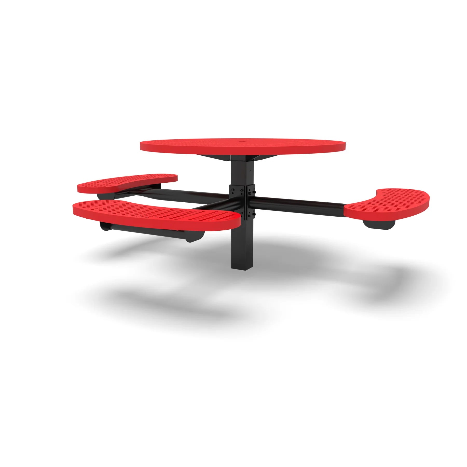 Black & Red Wabash Valley Signature Round Pedestal Picnic Table, Perforated, Standard - ADA Accessible - Inground, in plastisol-coated steel, model SG250P, round outdoor metal table