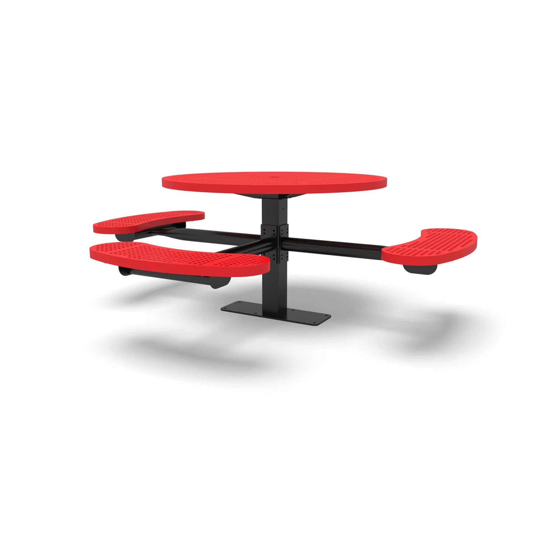 Black & Red Wabash Valley Signature Round Pedestal Picnic Table, Perforated, Standard - ADA Accessible - Surface Mount, in plastisol-coated steel, model SG249P, round outdoor metal table