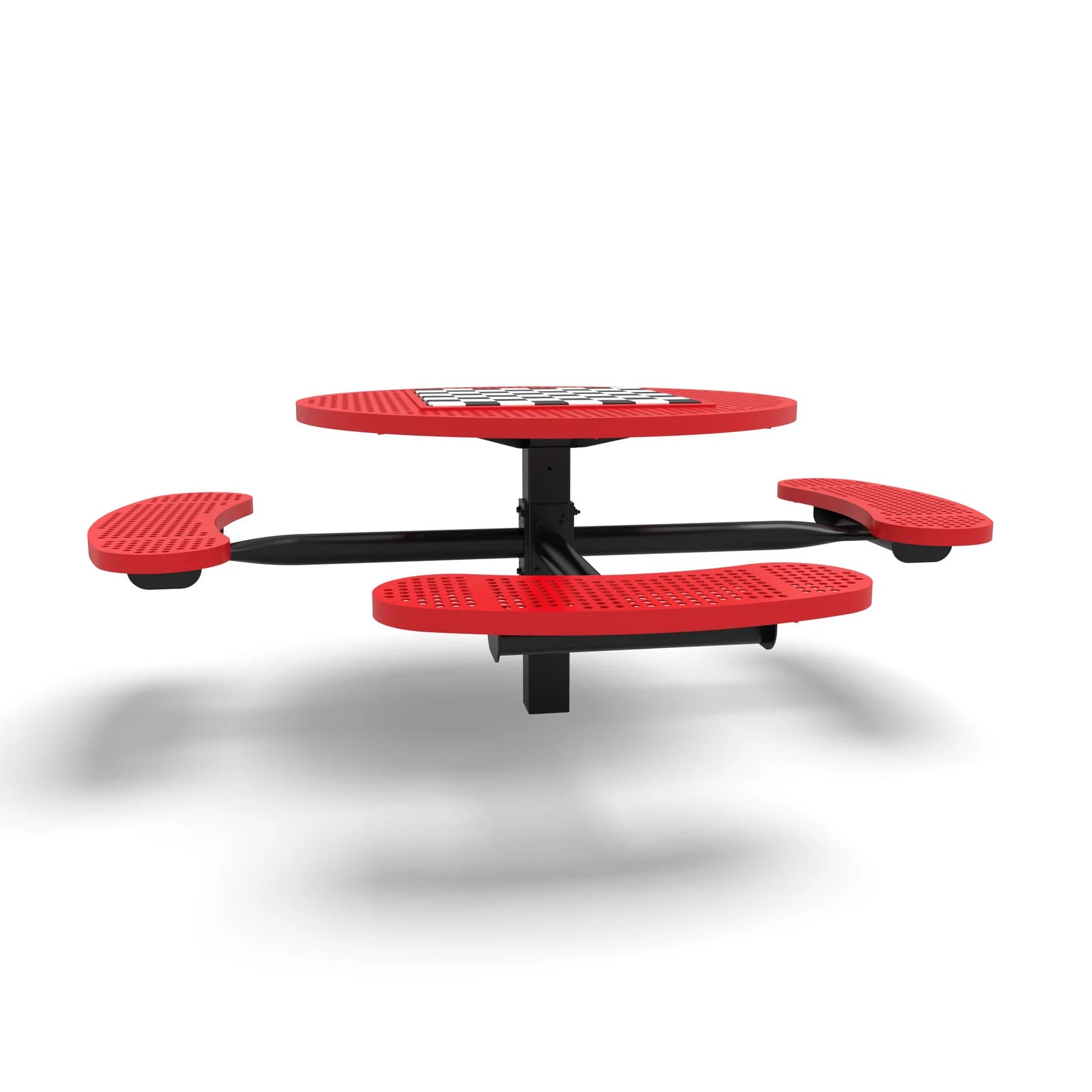 Black & Red Wabash Valley Signature Round Pedestal Picnic Table, Perforated, Chessboard - ADA Accessible - Inground, in plastisol-coated steel, model SP215P, outdoor chess board
