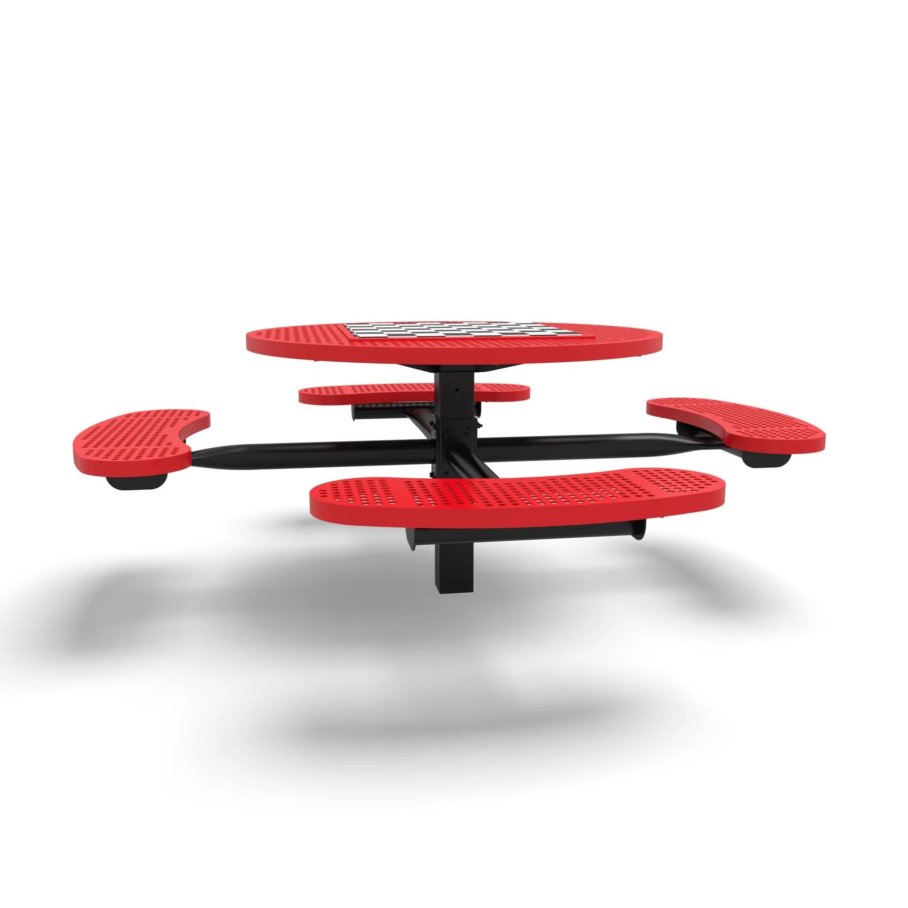 Black & Red Wabash Valley Signature Round Pedestal Picnic Table, Perforated, Chessboard - 4 Seats - Inground, in plastisol-coated steel, model SP210P, outdoor chess board