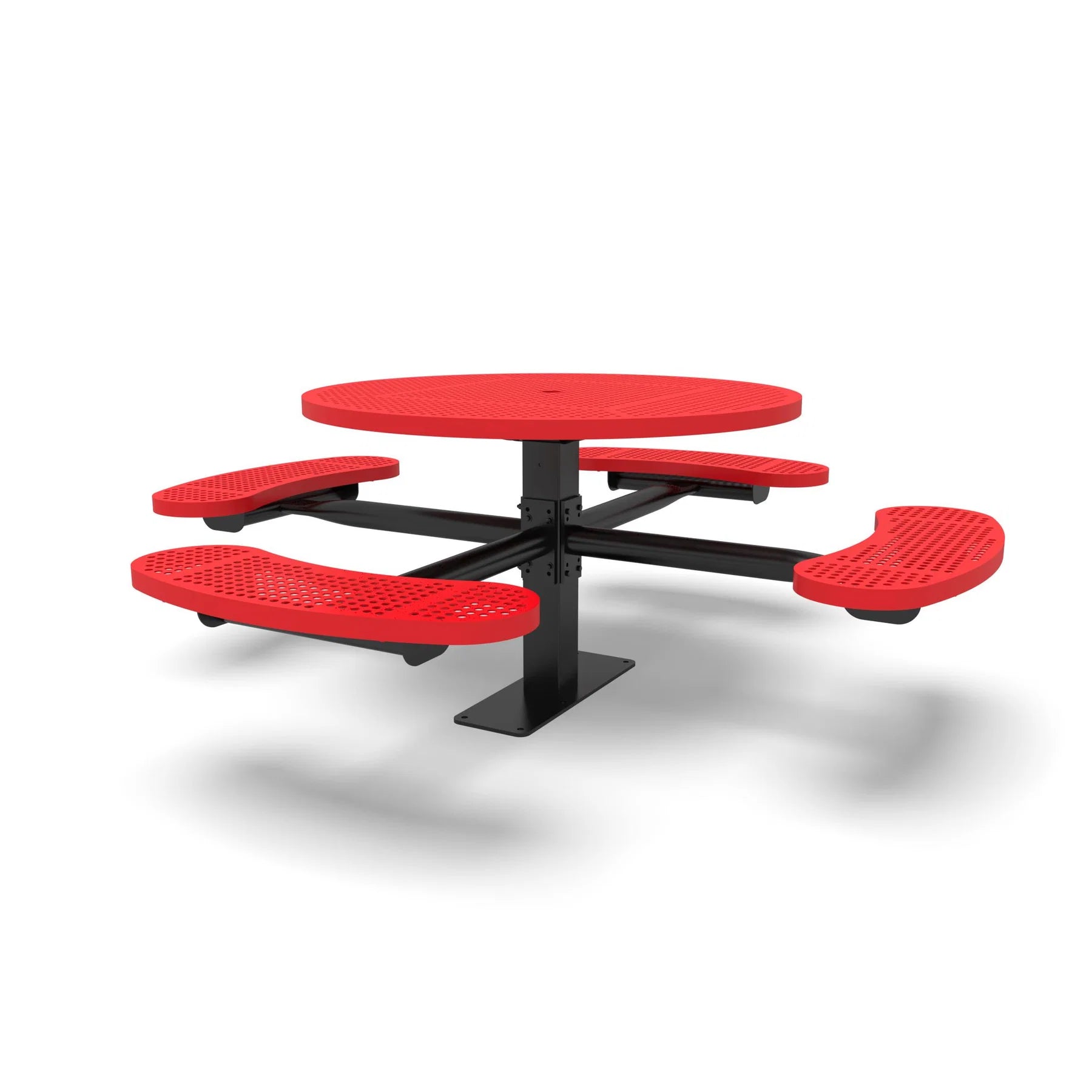 Black & Red Wabash Valley Signature Round Pedestal Picnic Table, Perforated, Standard - 4 Seats - Surface Mount, in plastisol-coated steel, model SG244P, round outdoor metal table