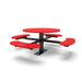 Black & Red Wabash Valley Signature Round Pedestal Picnic Table, Perforated, Standard - 4 Seats - Surface Mount, in plastisol-coated steel, model SG244P, round outdoor metal table