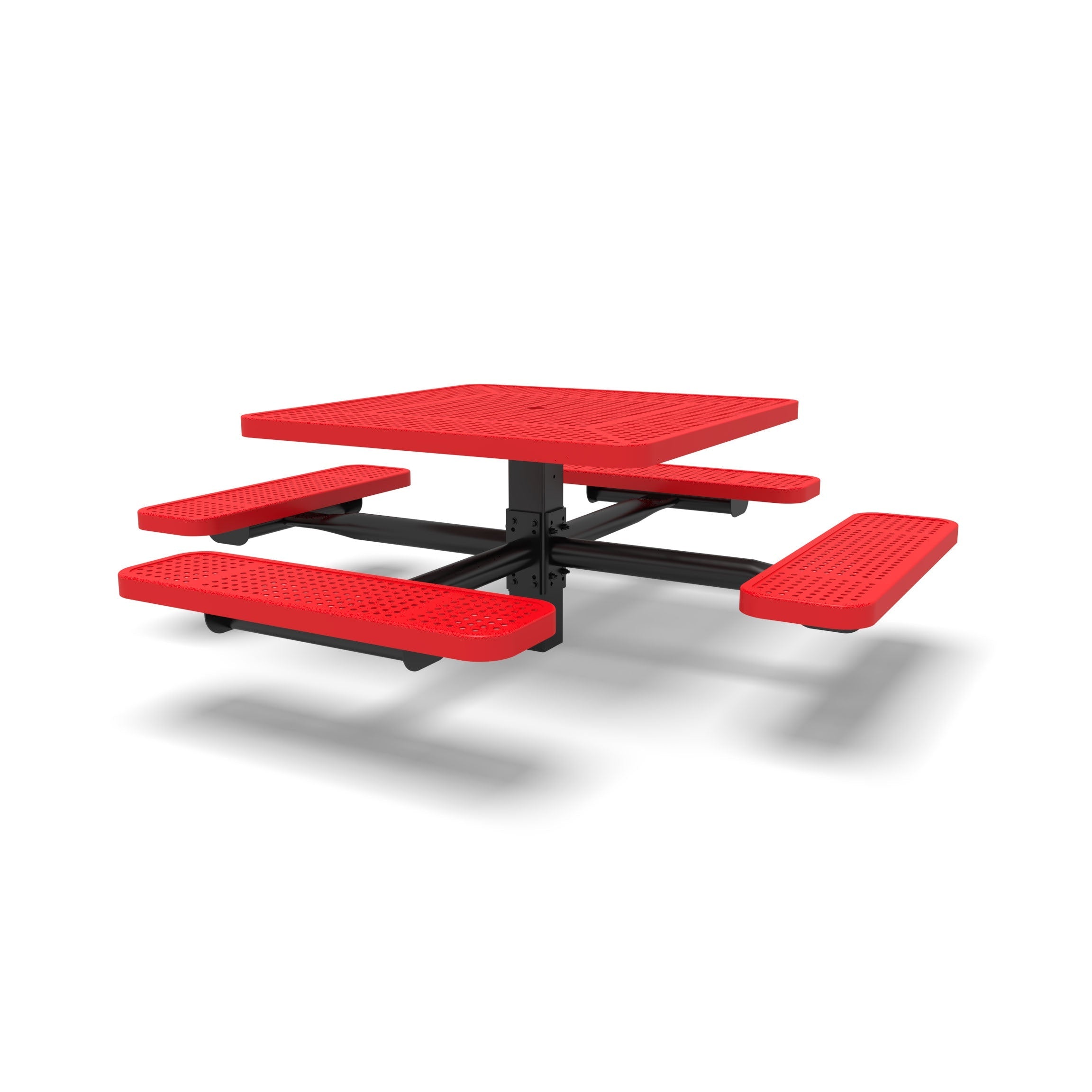 Black & Red Wabash Valley Signature Square Pedestal Picnic Table, Perforated, Standard - 4 Seats - Inground - 40 Inch, in plastisol-coated steel, model SG215P, 40 inch square table