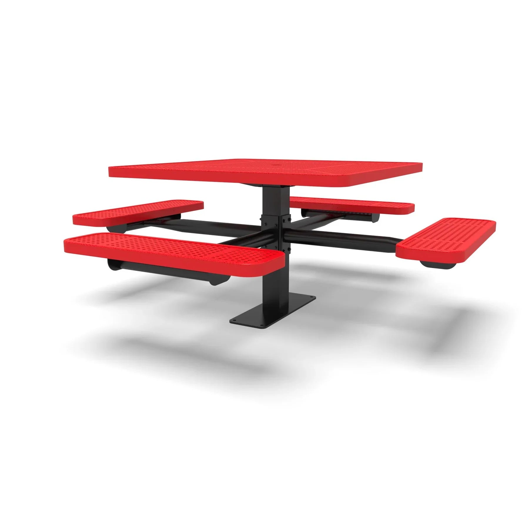 Black & Red Wabash Valley Signature Square Pedestal Picnic Table, Perforated, Standard - 4 Seats - Surface Mount - 46 Inch, in plastisol-coated steel, model SG229P, outdoor eating tables