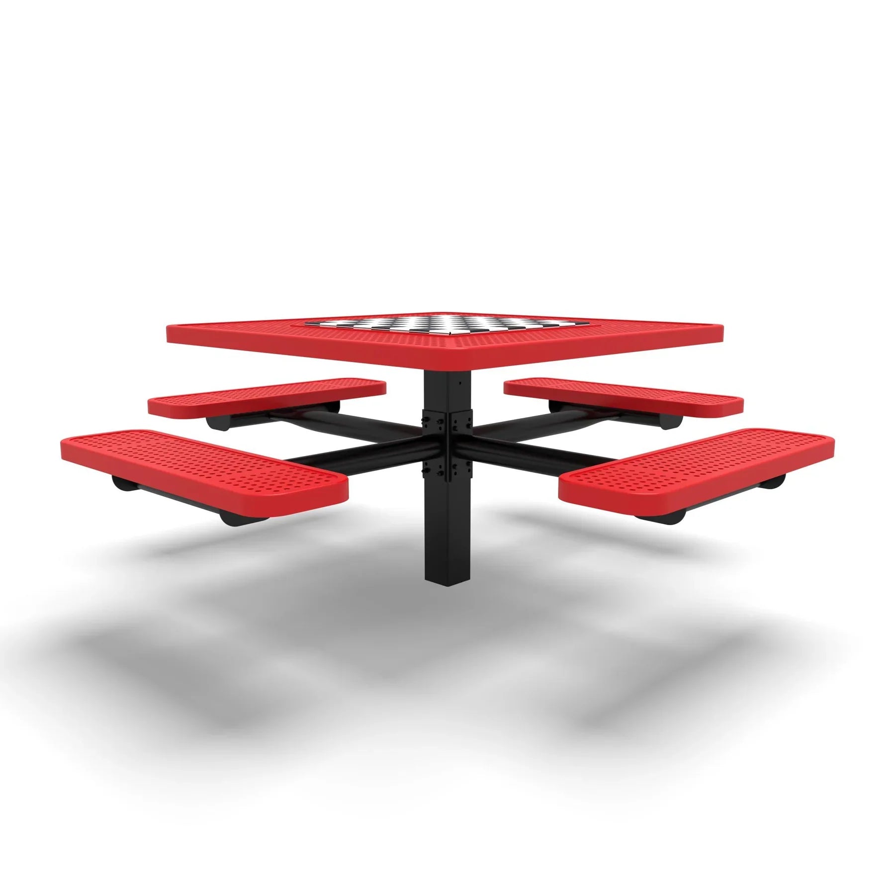 Black & Red Wabash Valley Signature Square Pedestal Picnic Table, Perforated, Chessboard - 4 Seats - Inground - 46 Inch, in plastisol-coated steel, model SP225P, chess and checkers table
