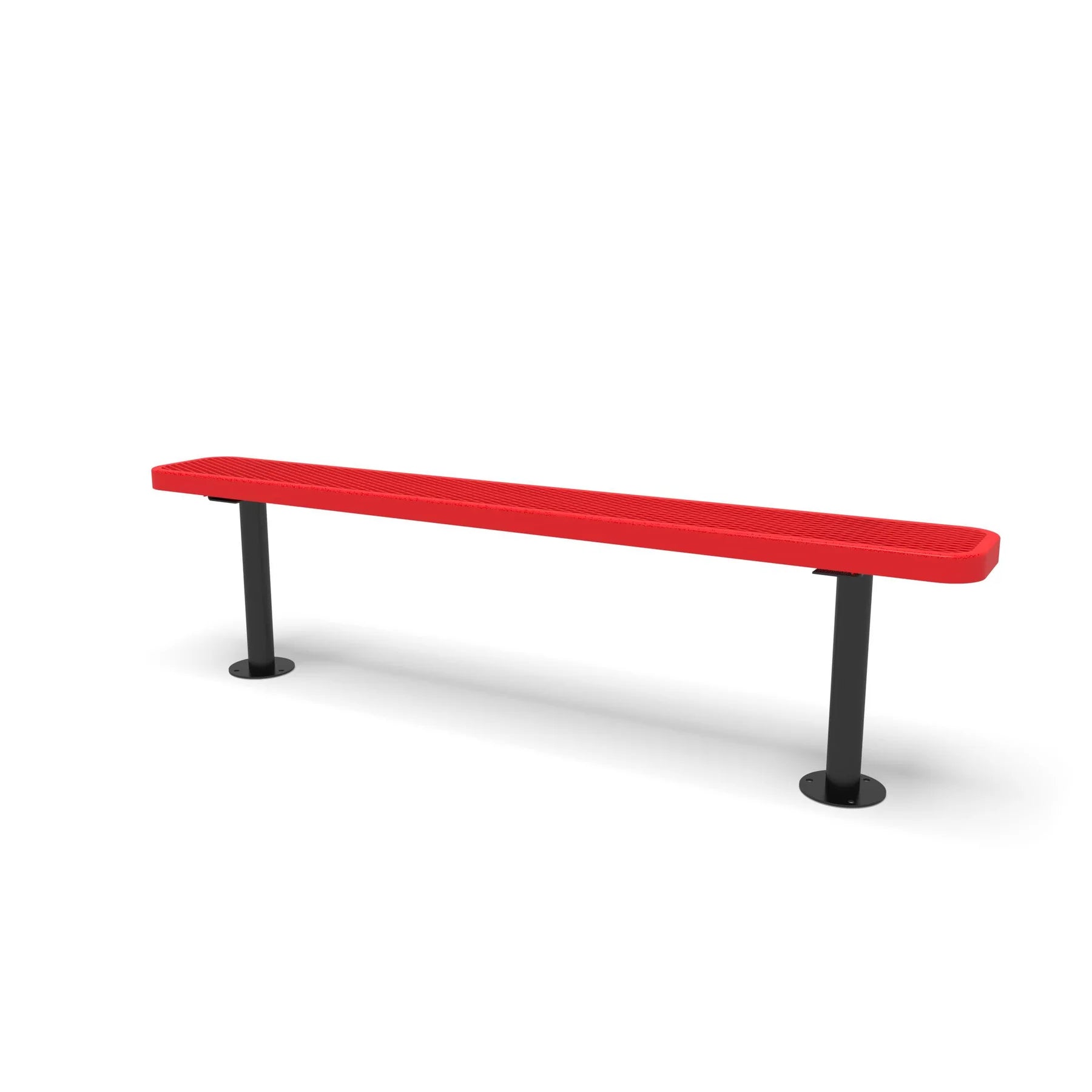 Black & Red Wabash Valley Signature Steel Backless Bench, Diamond, 6' Surface Mount base plates, red seat on a black frame, plastisol-coated steel, walkway bench