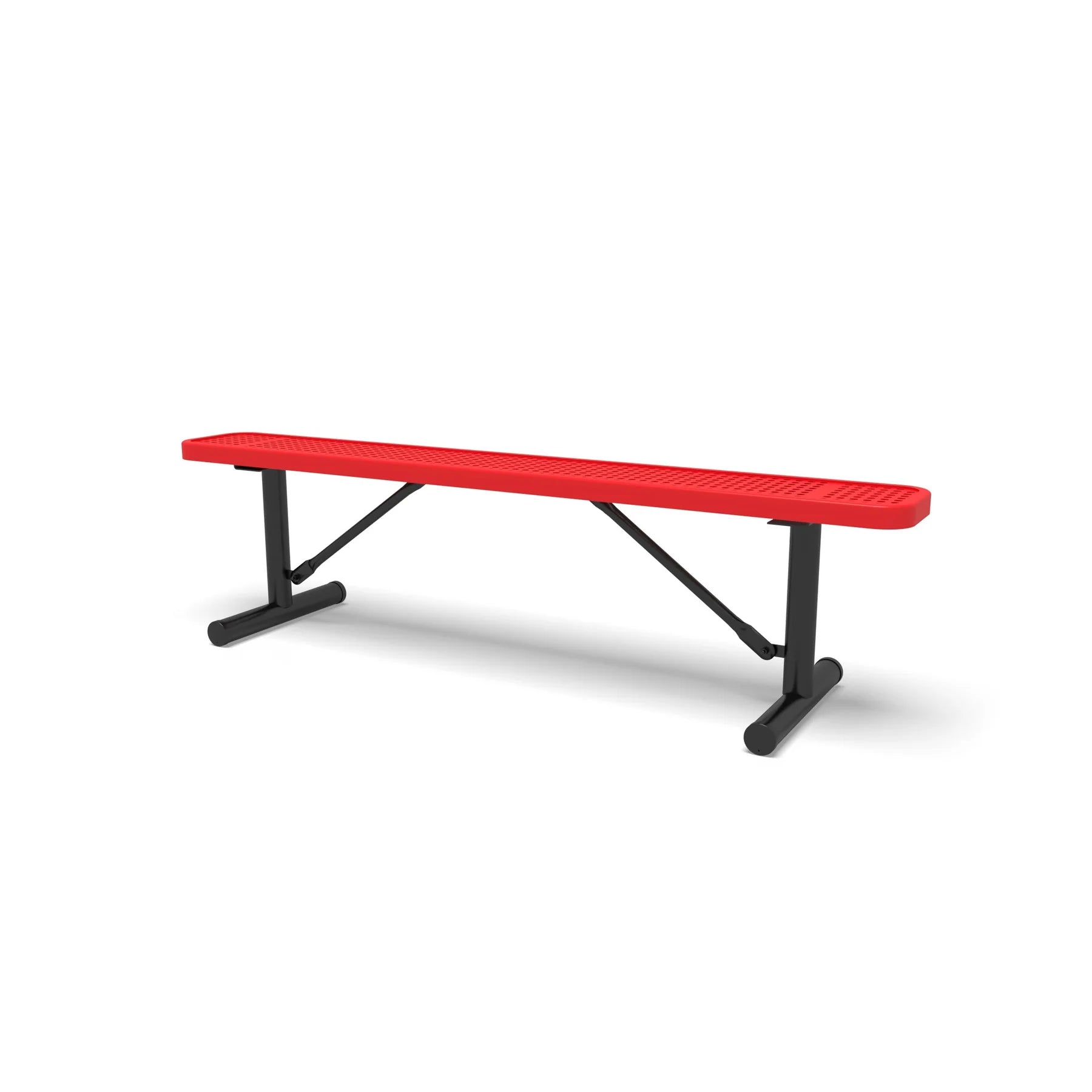 Black & Red Wabash Valley Signature Steel Backless Bench, Perforated, 6' Portable with braced legs, red seat on a black frame, plastisol-coated steel, team bench