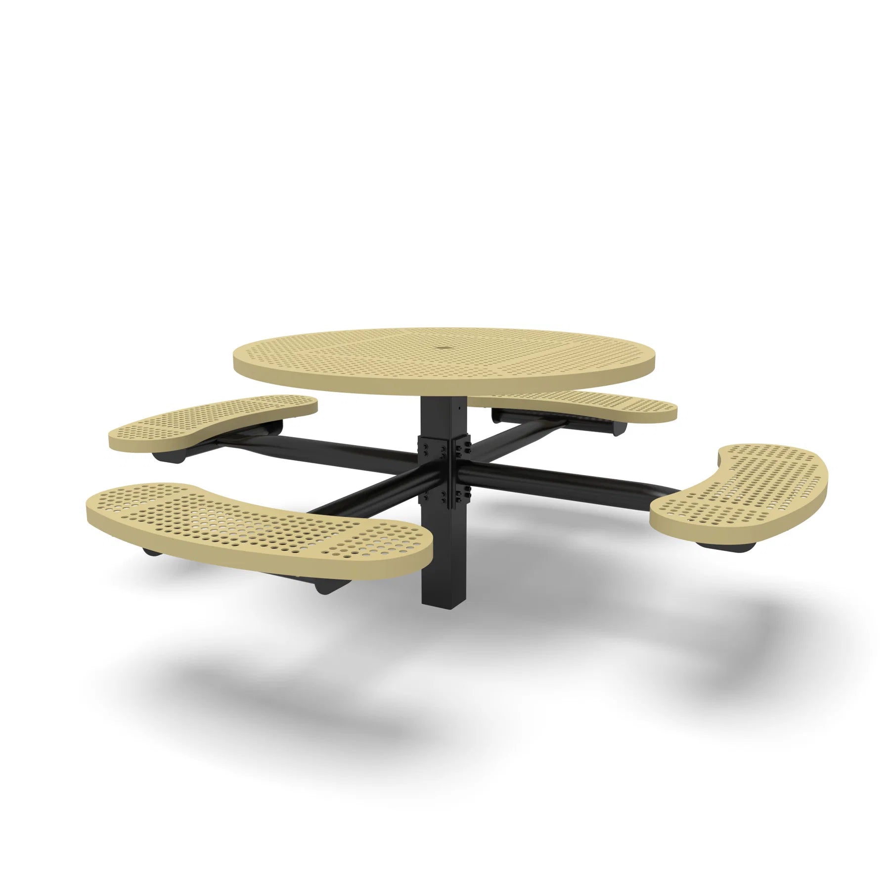 Black & Sand Wabash Valley Signature Round Pedestal Picnic Table, Perforated, Standard - 4 Seats - Inground, in plastisol-coated steel, model SG245P, outdoor cafe tables