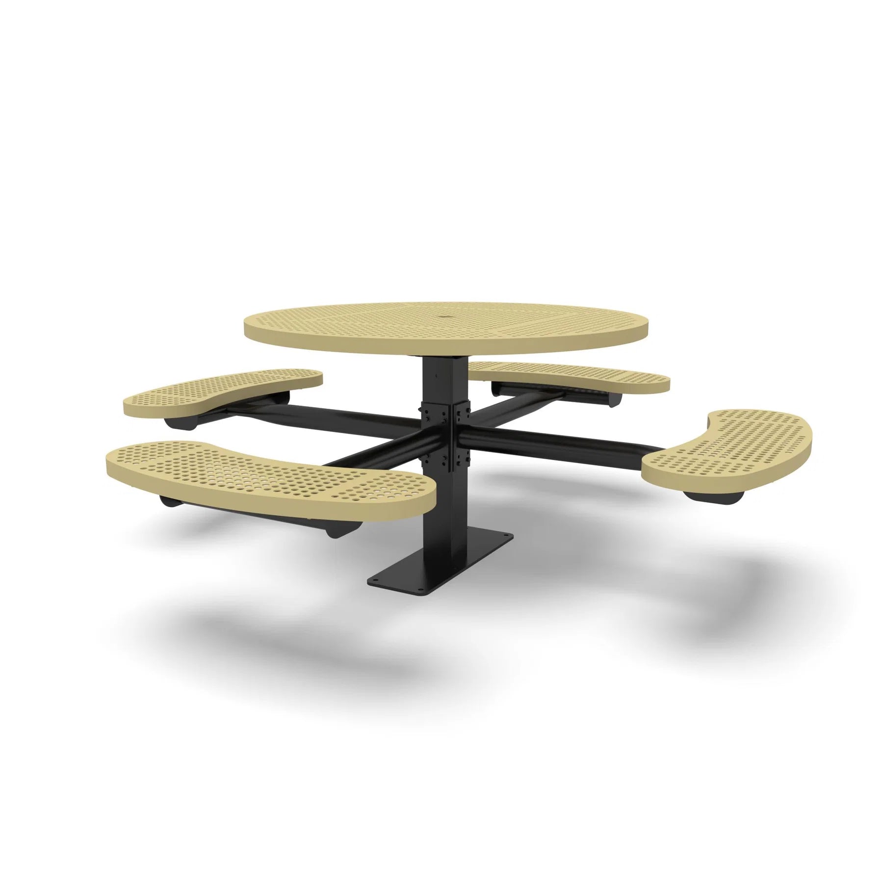 Black & Sand Wabash Valley Signature Round Pedestal Picnic Table, Perforated, Standard - 4 Seats - Surface Mount, in plastisol-coated steel, model SG244P, round outdoor metal table