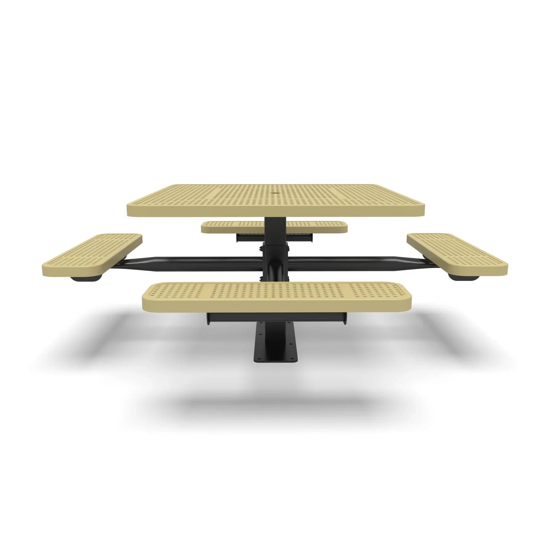 Black & Sand Wabash Valley Signature Square Pedestal Picnic Table, Perforated, Standard - 4 Seats - Surface Mount - 46 Inch, in plastisol-coated steel, model SG229P, business patio furniture