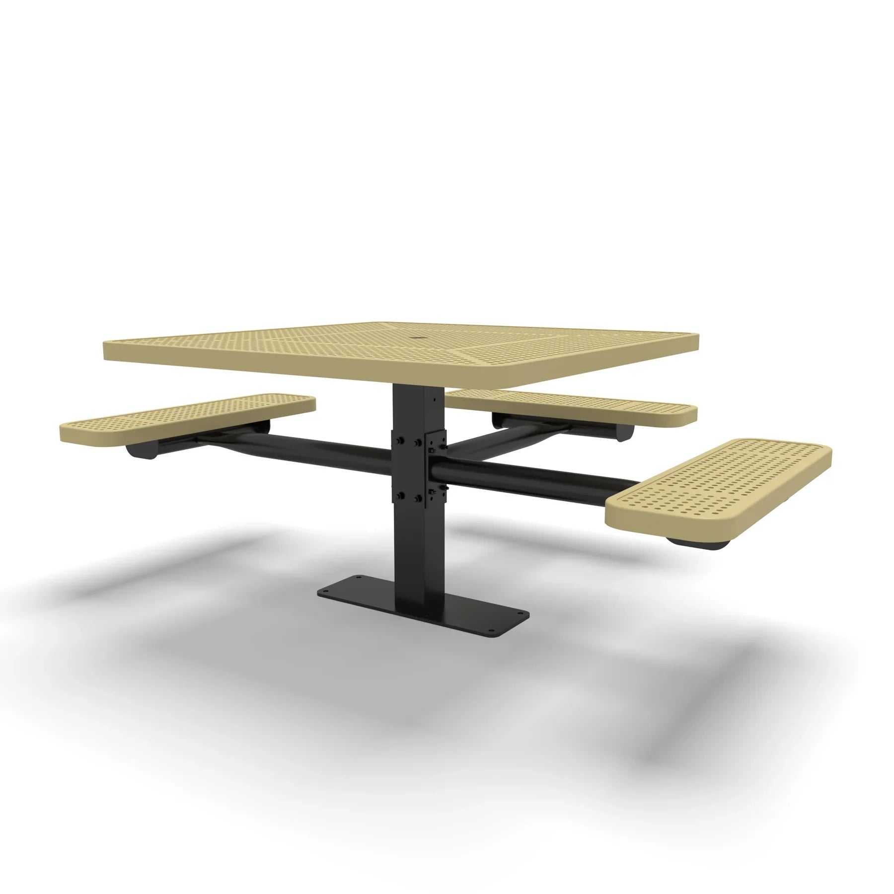 Black & Sand Wabash Valley Signature Square Pedestal Picnic Table, Perforated, Standard - ADA Accessible - Surface Mount - 46 Inch, in plastisol-coated steel, model SG234P, business patio furniture