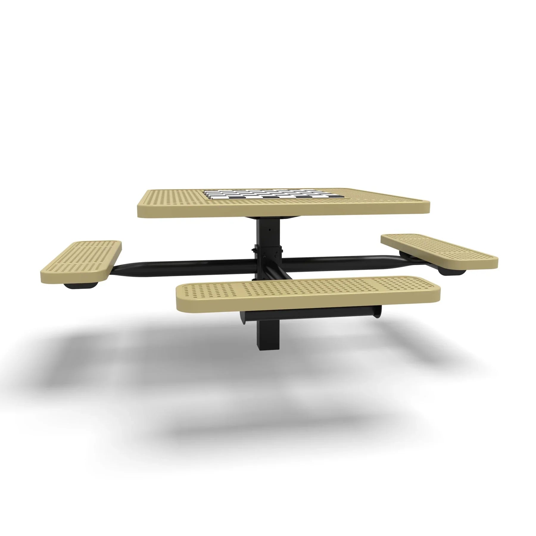 Black & Sand Wabash Valley Signature Square Pedestal Picnic Table, Perforated, Chessboard - ADA Accessible - Inground - 46 Inch, in plastisol-coated steel, model SP230P, chess and checkers table