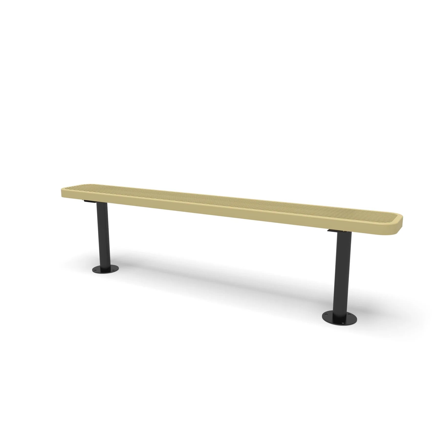 Black & Sand Wabash Valley Signature Steel Backless Bench, Diamond, 6' Surface Mount base plates, sand seat on a black frame, plastisol-coated steel, outdoor seating bench