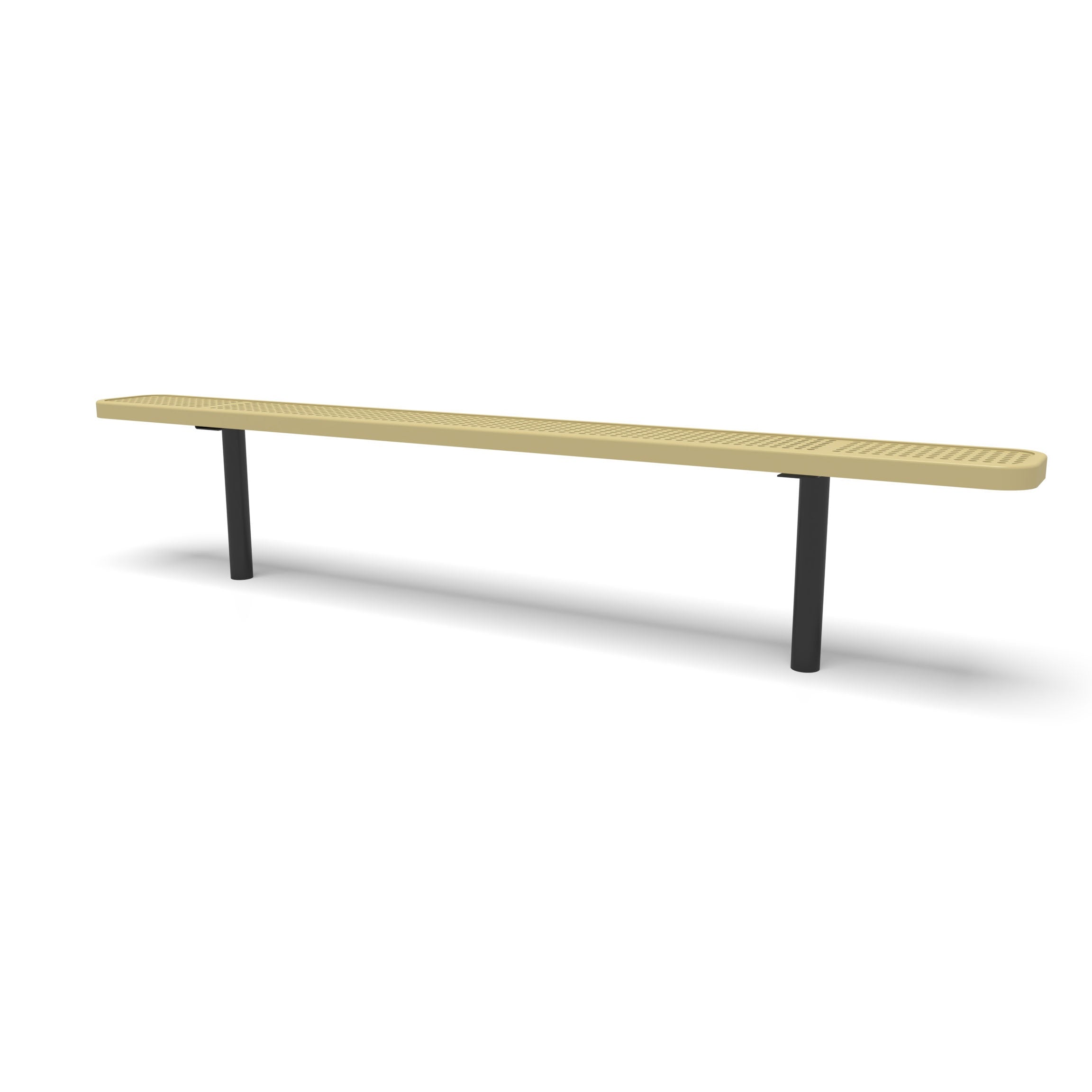 Black & Sand Wabash Valley Signature Steel Backless Bench, Perforated, 8' Inground posts, sand seat on a black frame, plastisol-coated steel, outdoor bench without back