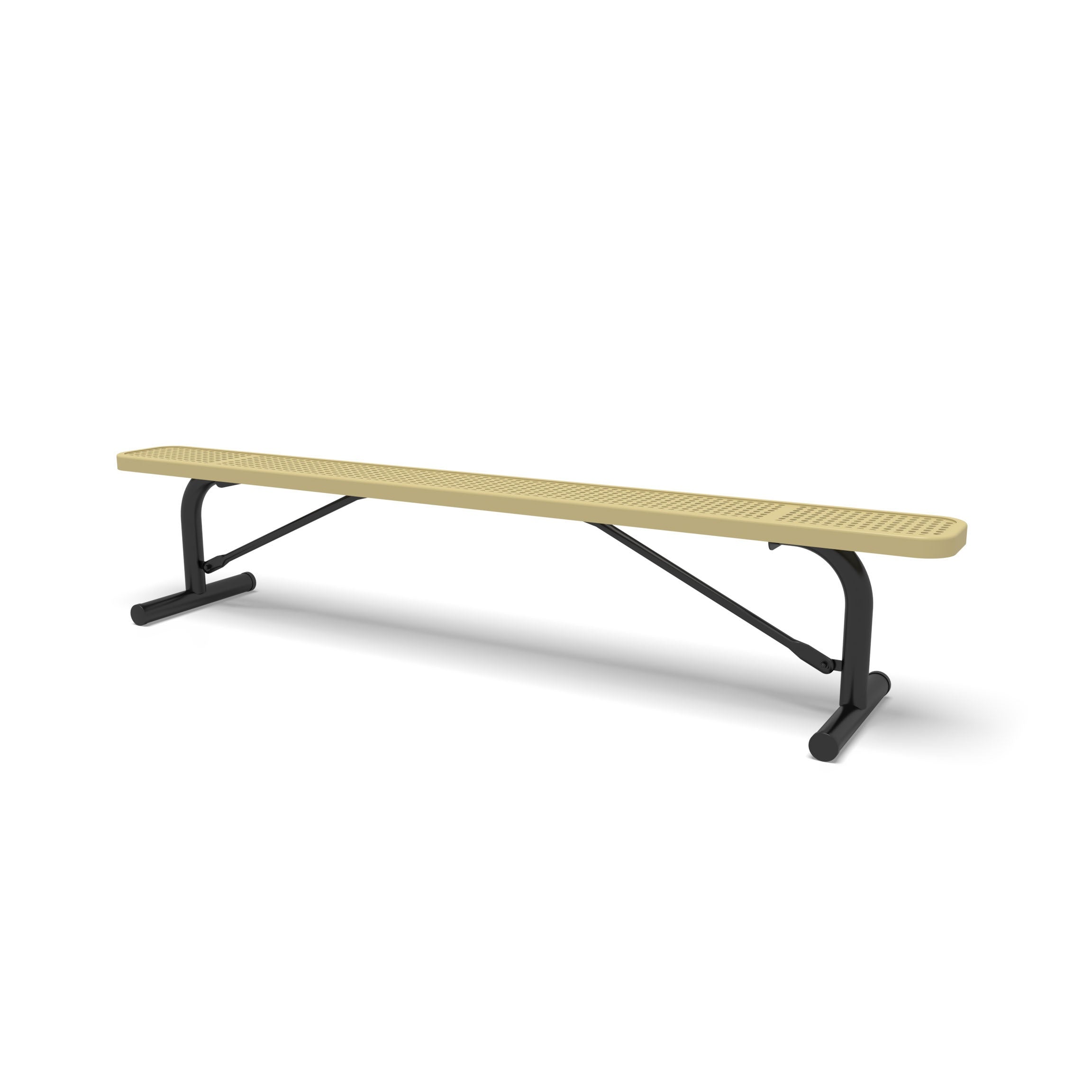 Black & Sand Wabash Valley Signature Steel Backless Bench, Perforated, 8' Portable with braced legs, sand seat on a black frame, plastisol-coated steel, 96 inch bench