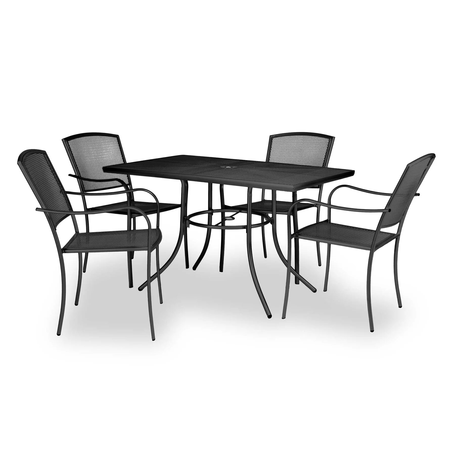 Black Sullivan 30 x 48 steel mesh patio table with four matching stacking chairs, model SU2Z38P, outdoor table for 6