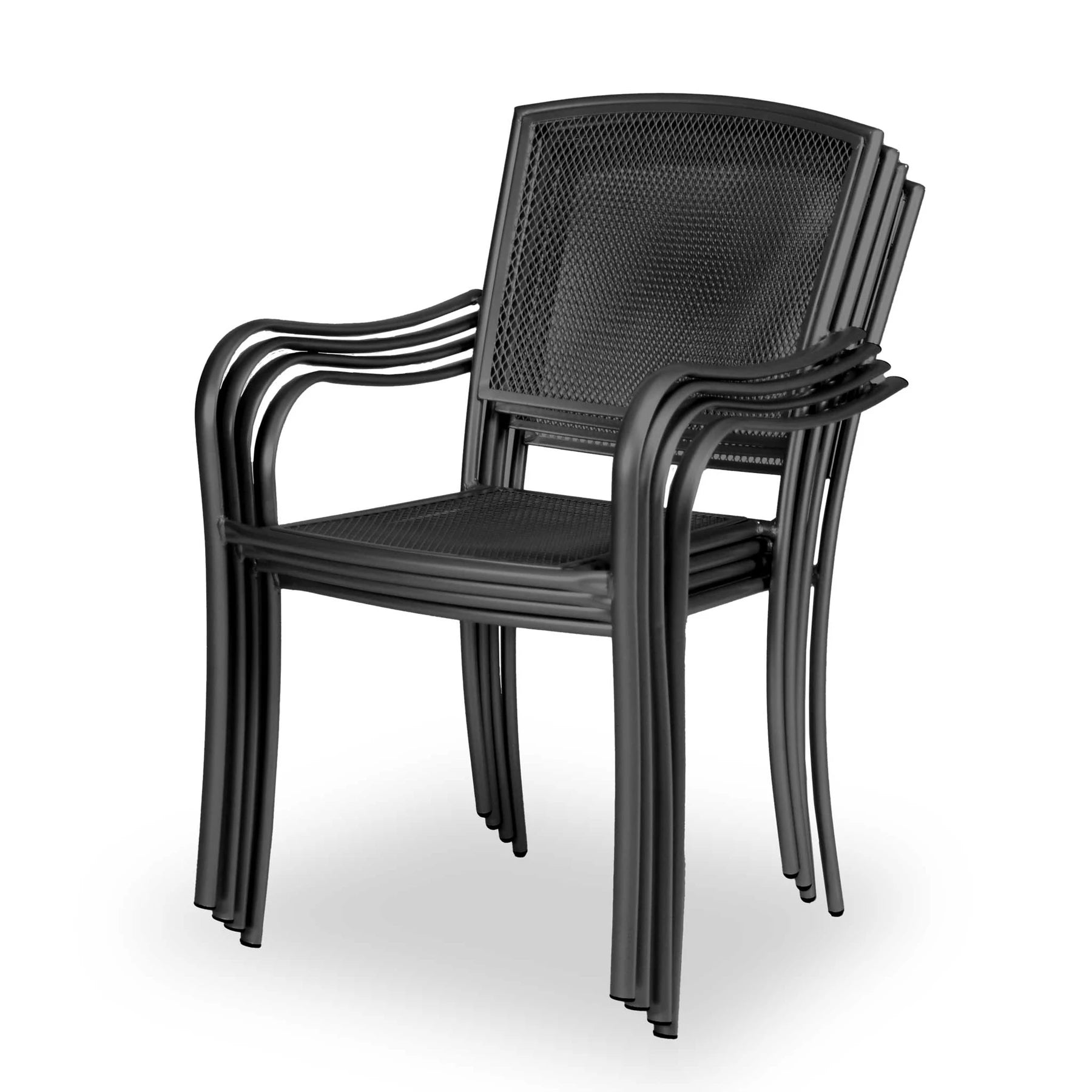Black Sullivan stacking patio chairs stacked for storage, model SU9118P, metal mesh patio chairs