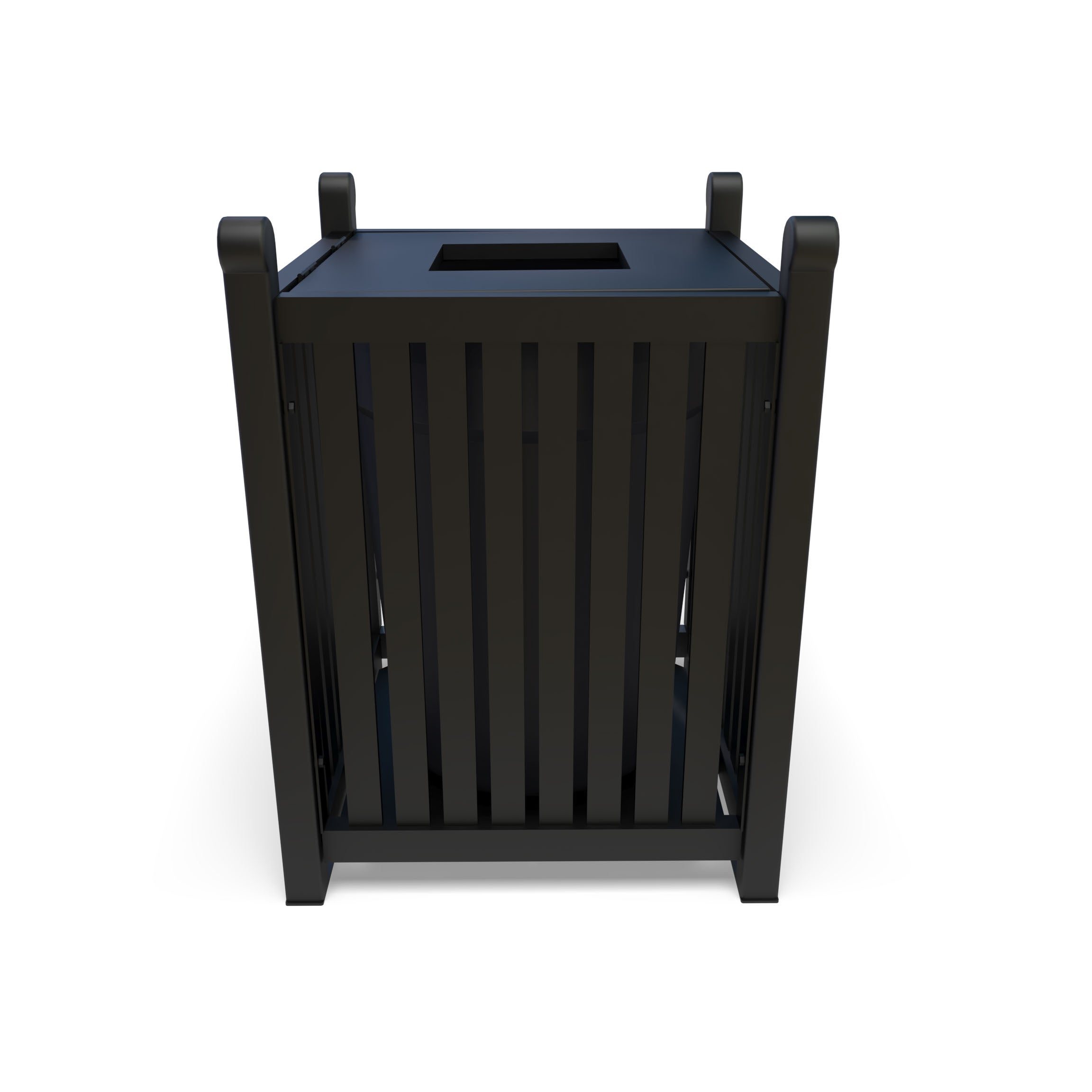 Black Wabash Valley 32 Gal. Yorktown Trash Receptacle, slatted aluminum body, hinged lid with a 10 inch square opening, front view, model YO3F33C, decorative outdoor trash can