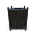 Black Wabash Valley 32 Gal. Yorktown Trash Receptacle, slatted aluminum body, hinged lid with a 10 inch square opening, front view, model YO3F33C, decorative outdoor trash can