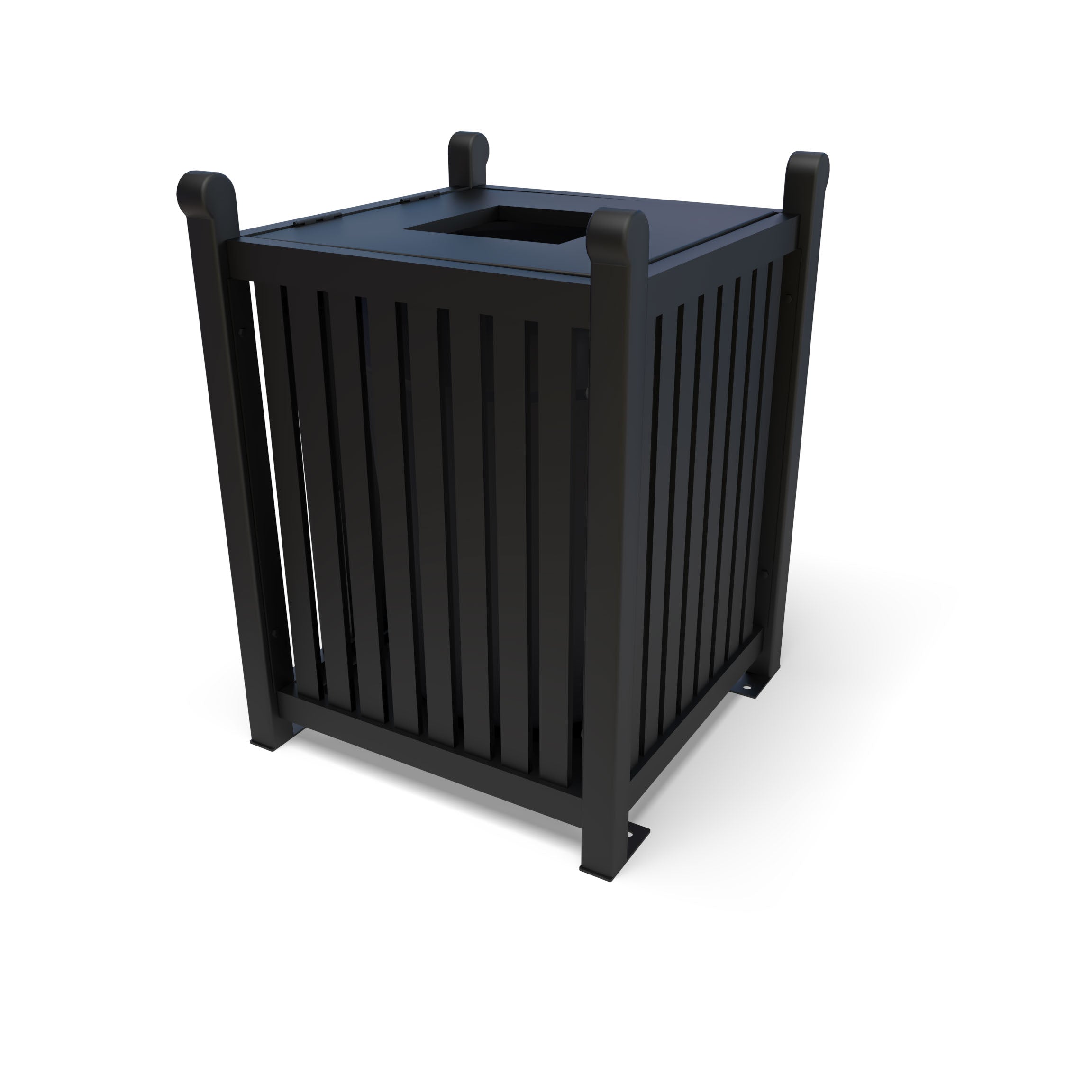 Black Wabash Valley 32 Gal. Yorktown Trash Receptacle, slatted aluminum body, hinged lid with a 10 inch square opening, model YO3F33C, patio trash can
