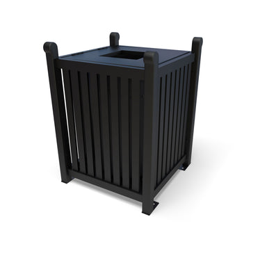 Black Wabash Valley 32 Gal. Yorktown Trash Receptacle, slatted aluminum body, hinged lid with a 10 inch square opening, model YO3F33C, patio trash can