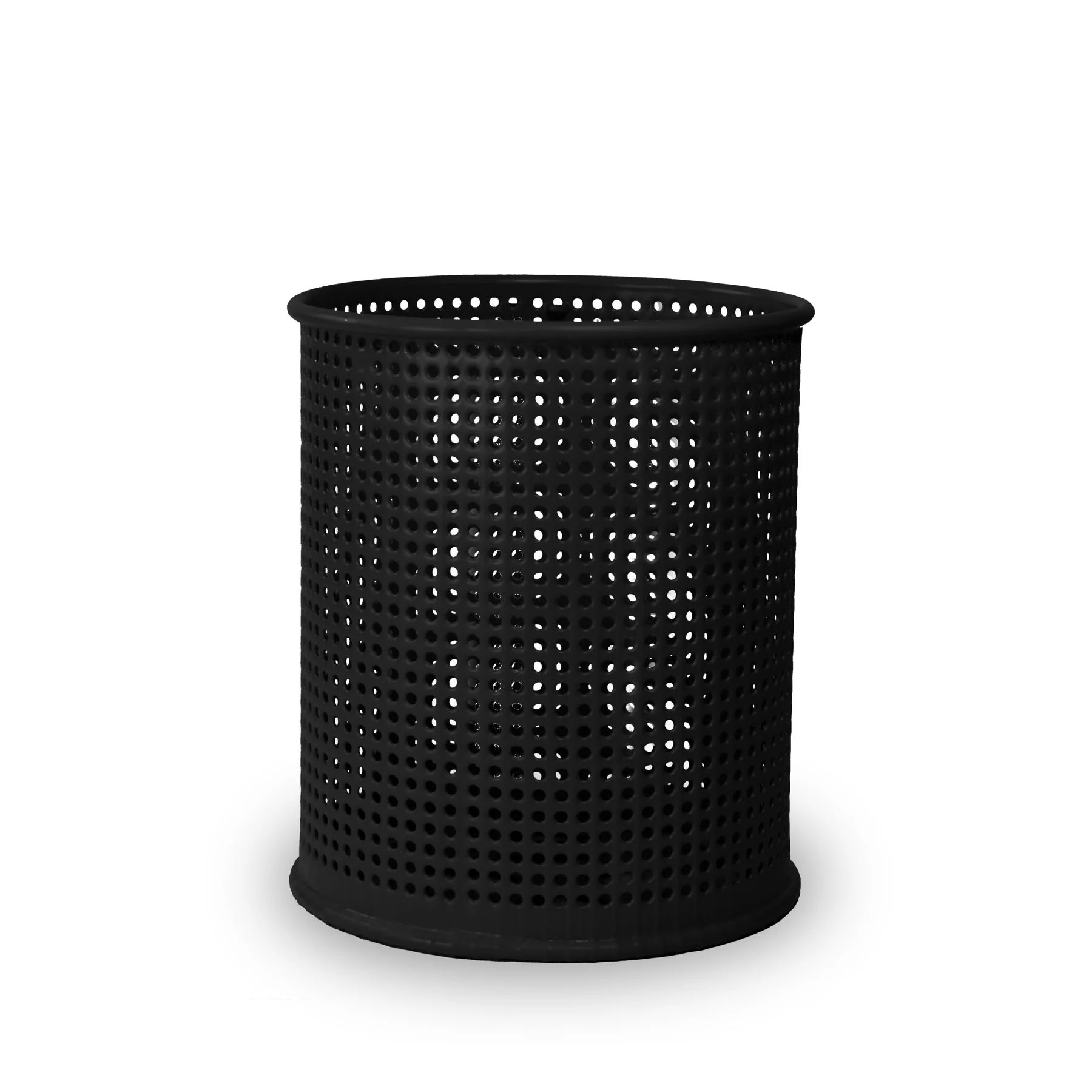 Black Wabash Valley 55 Gal. Commercial Trash Receptacle, perforated body, plastisol coated, model LR355P, 55 gallon trash can