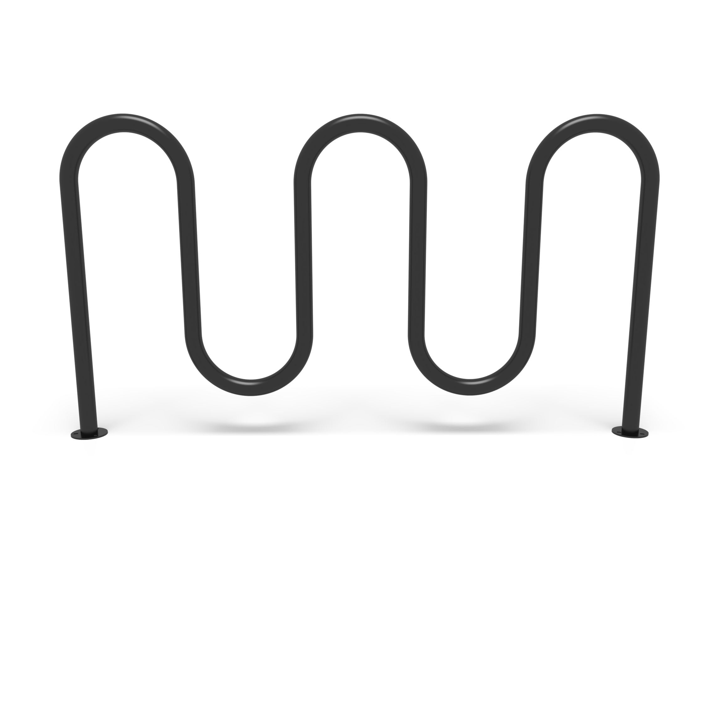 Black Wabash Valley 7 Bike Serpentine Rack, front view, 5 loops on surface mount base plates, model BRK534S, powder coated steel bike rack for sidewalk