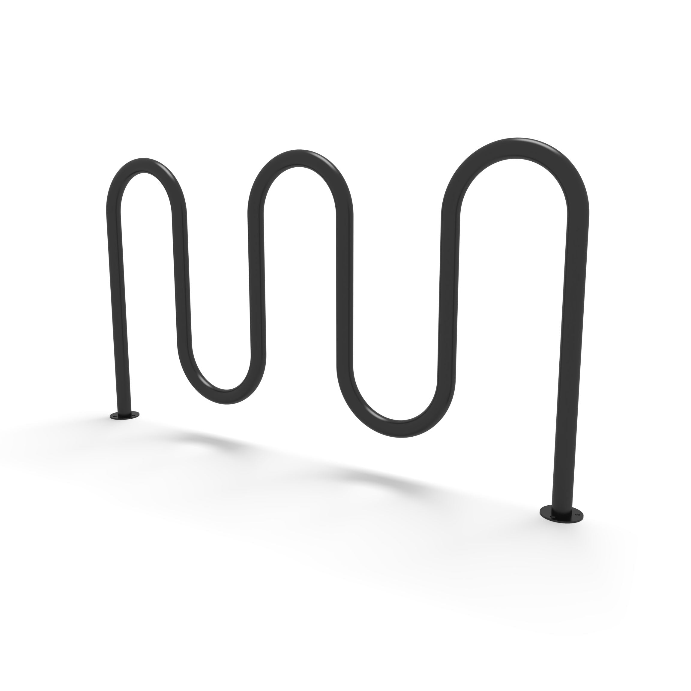 Black Wabash Valley 7 Bike Serpentine Rack, opposite side view, 5 loops on surface mount base plates, model BRK534S, powder coated steel metal bike rack