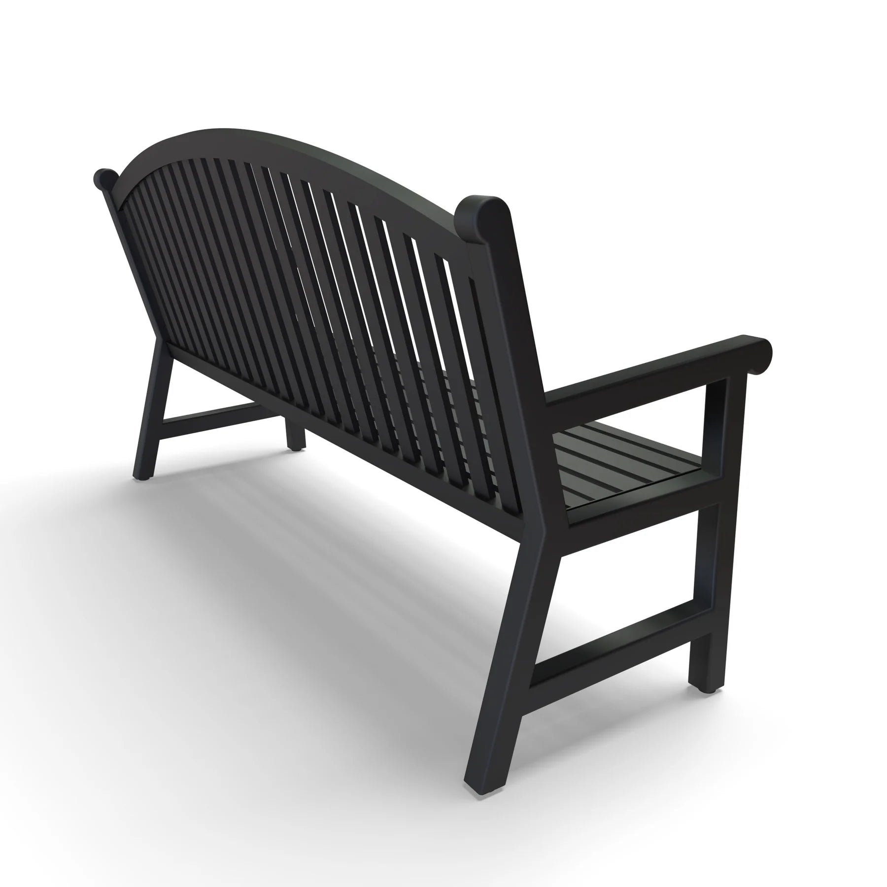 Black Wabash Valley Arch Yorktown Aluminum Bench, arched vertical slat back, powder-coated aluminum, rear view, model YO1213C, metal garden bench