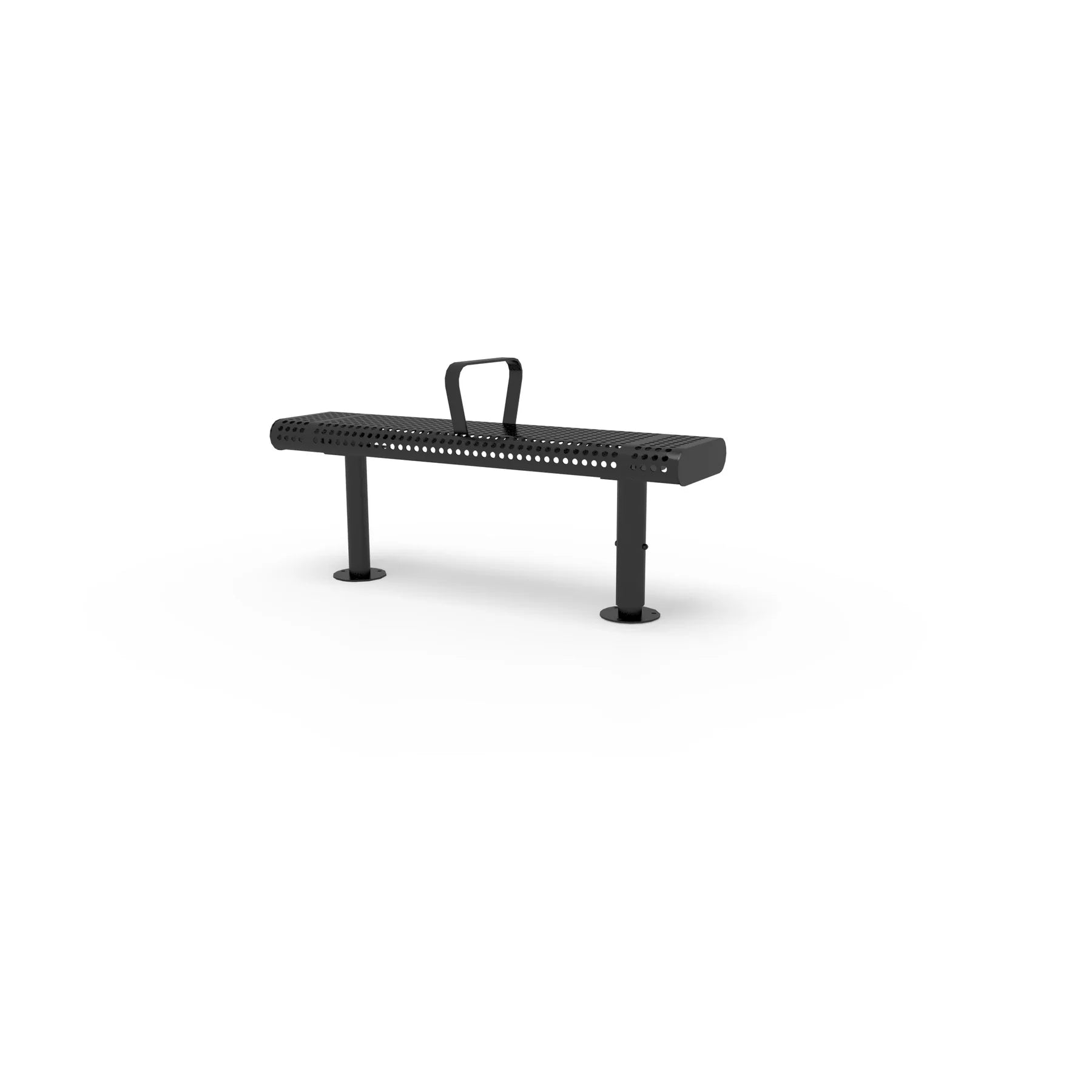 Black Wabash Valley Backless Transit Bench, 1 Armrest, 4 ft perforated steel seat on adjustable surface mount legs, model TR201P, 4 ft bench
