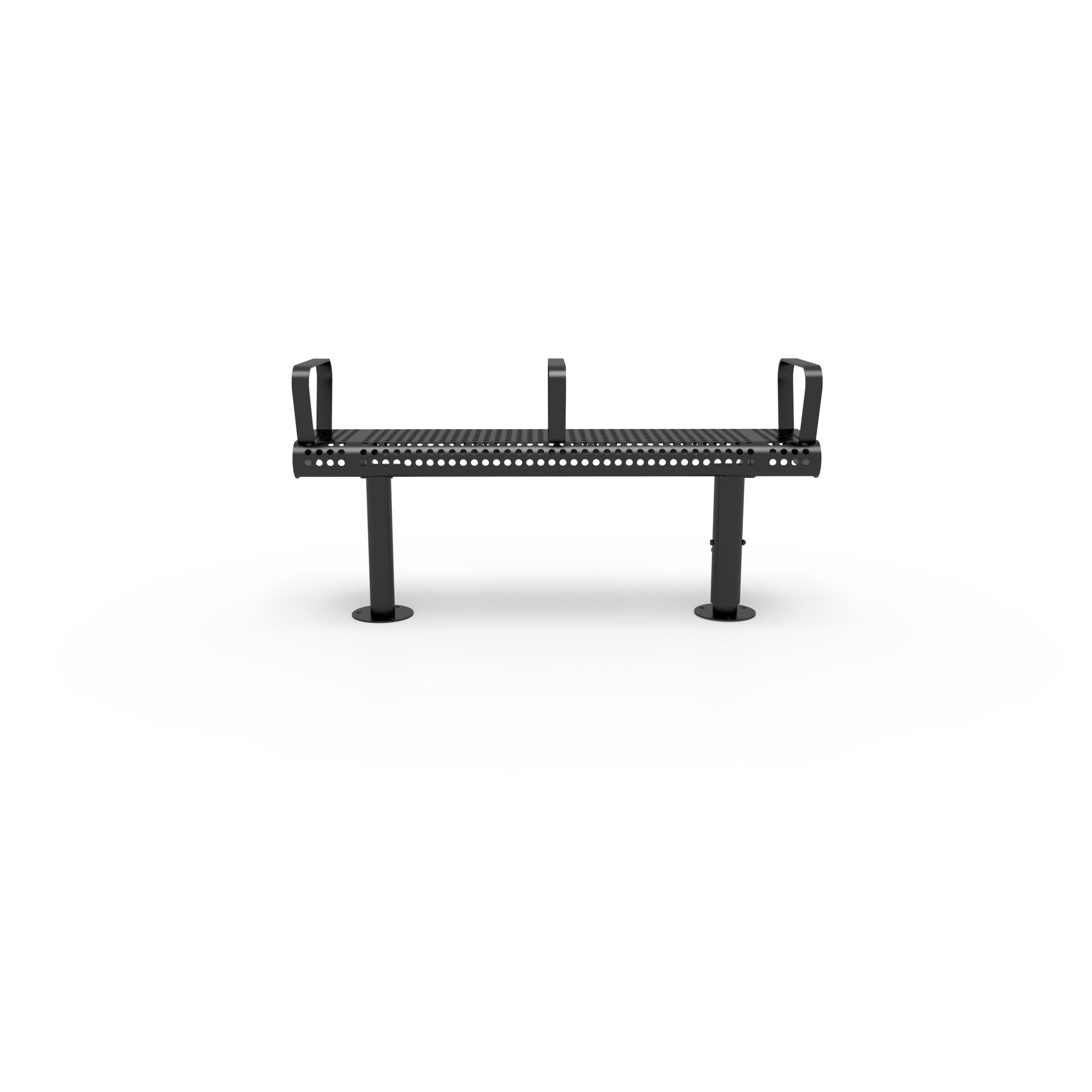 Black Wabash Valley Backless Transit Bench, 3 Armrests, front view, 4 ft perforated steel seat on adjustable surface mount legs, model TR202P, bus shelter bench