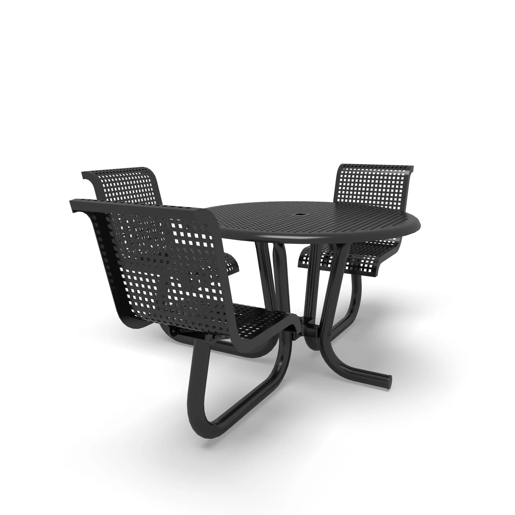 Black Wabash Valley Camino Round Dining Table, ADA Accessible, perforated plastisol top, three seats with backs, wheelchair side, surface mount, model CM230Q, picnic table with backrest